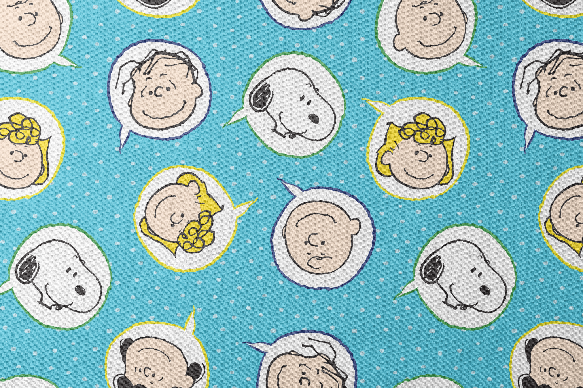 Peanuts characters pattern with Snoopy and other cartoon faces in circles on blue background designs flat mockup