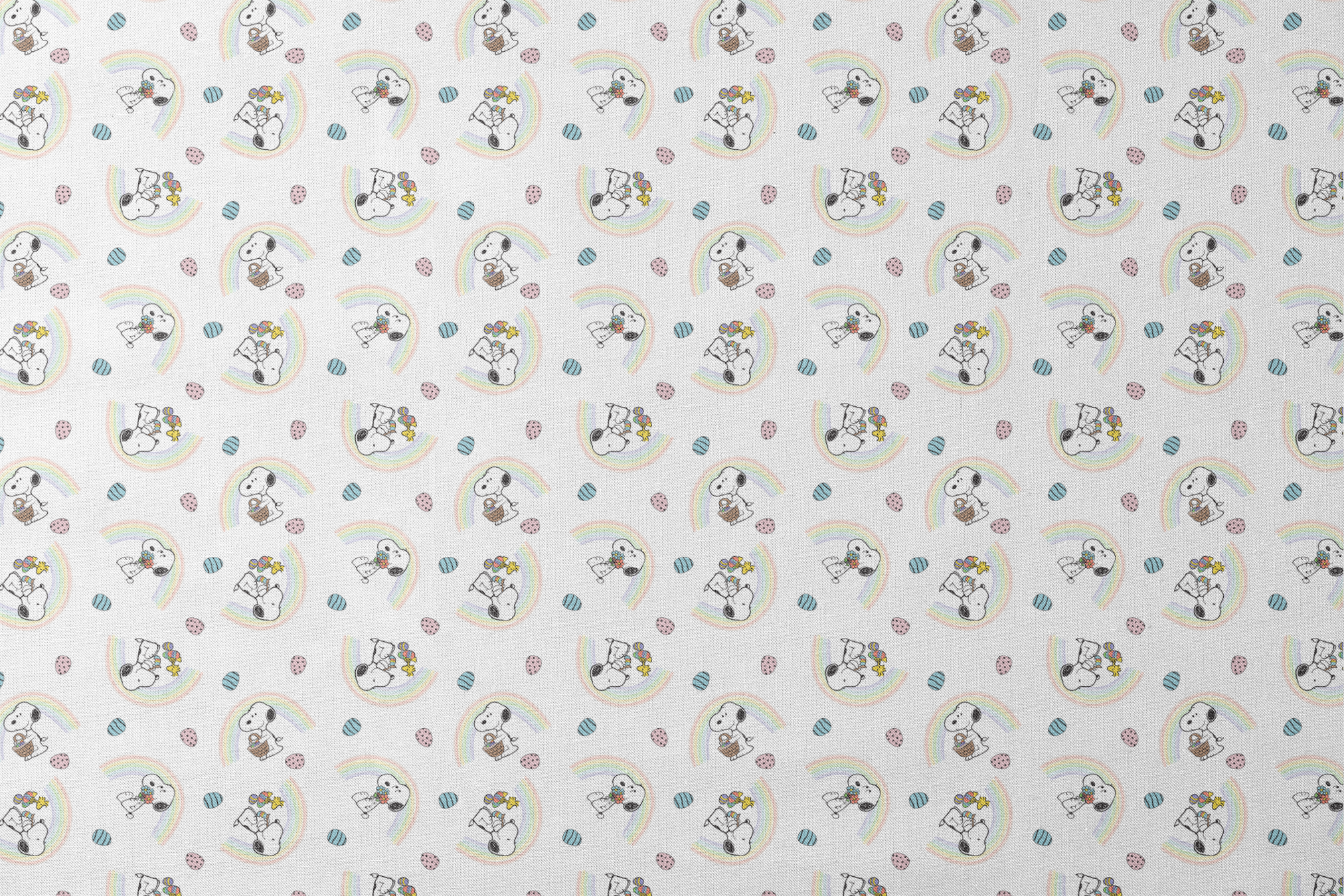 Snoopy pattern with Easter eggs, rainbows, and Woodstock, featuring Snoopy holding flowers and baskets designs flat mockup