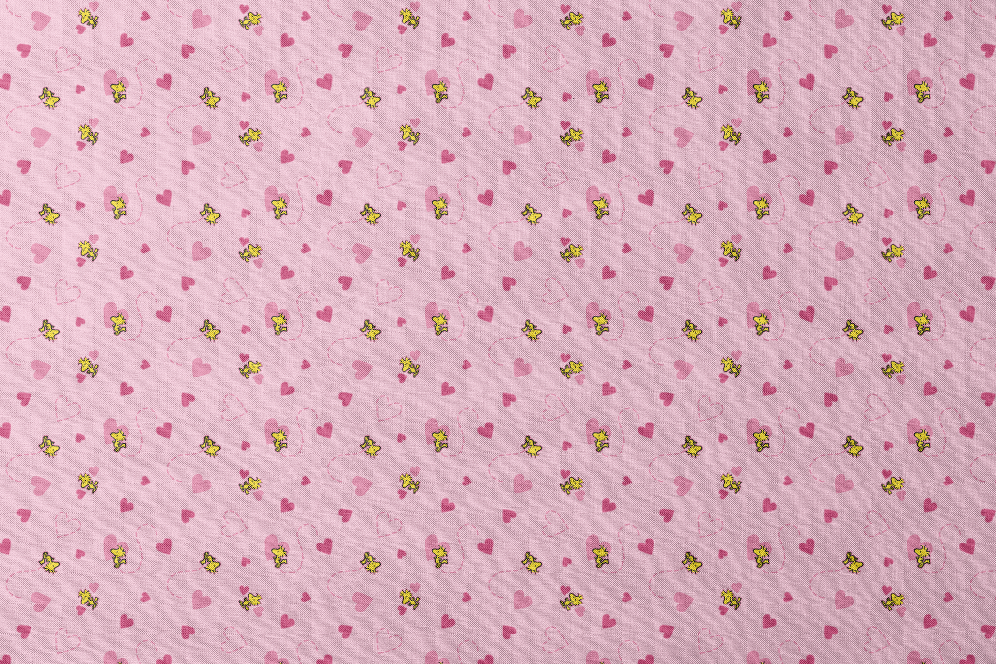 Pink background with hearts and Woodstock pattern, dotted heart outlines and solid pink hearts scattered throughout. designs flat mockup