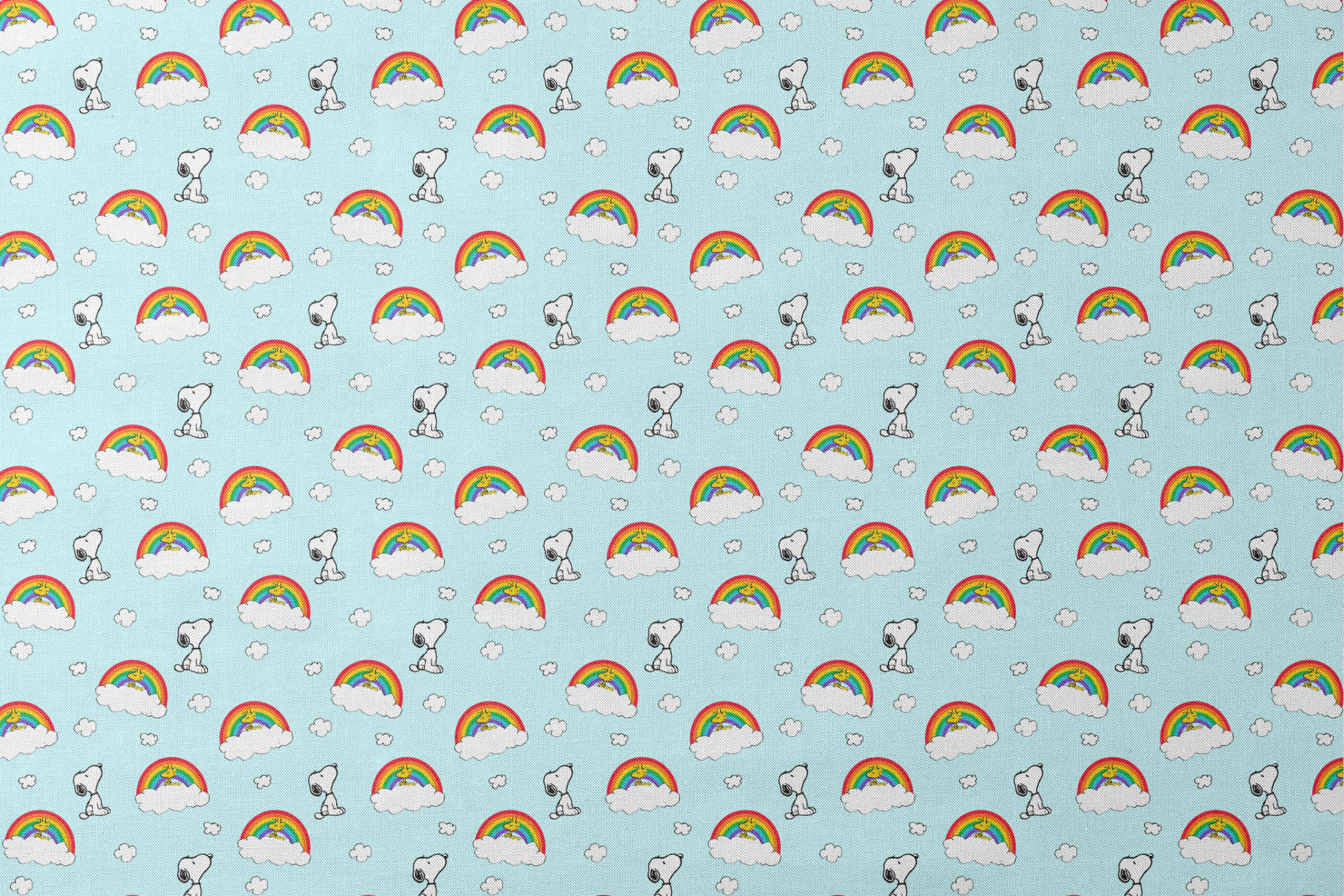 Snoopy and Woodstock characters on light blue background with rainbows, clouds and white fluffy clouds designs flat mockup