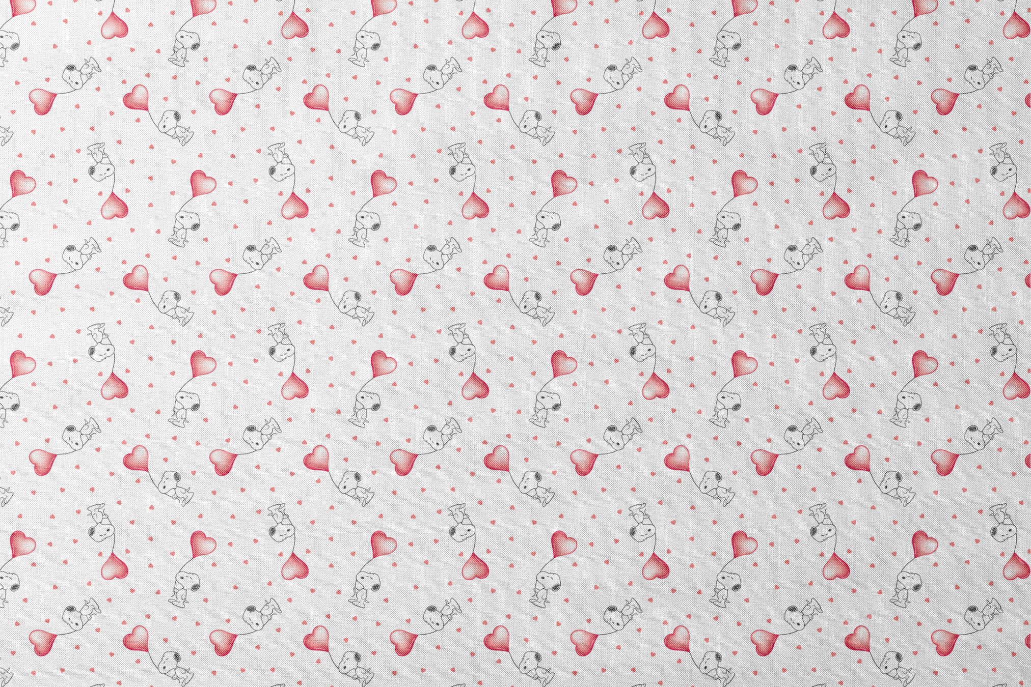 Cute Snoopy holding heart-shaped balloons with small hearts scattered on white background designs flat mockup