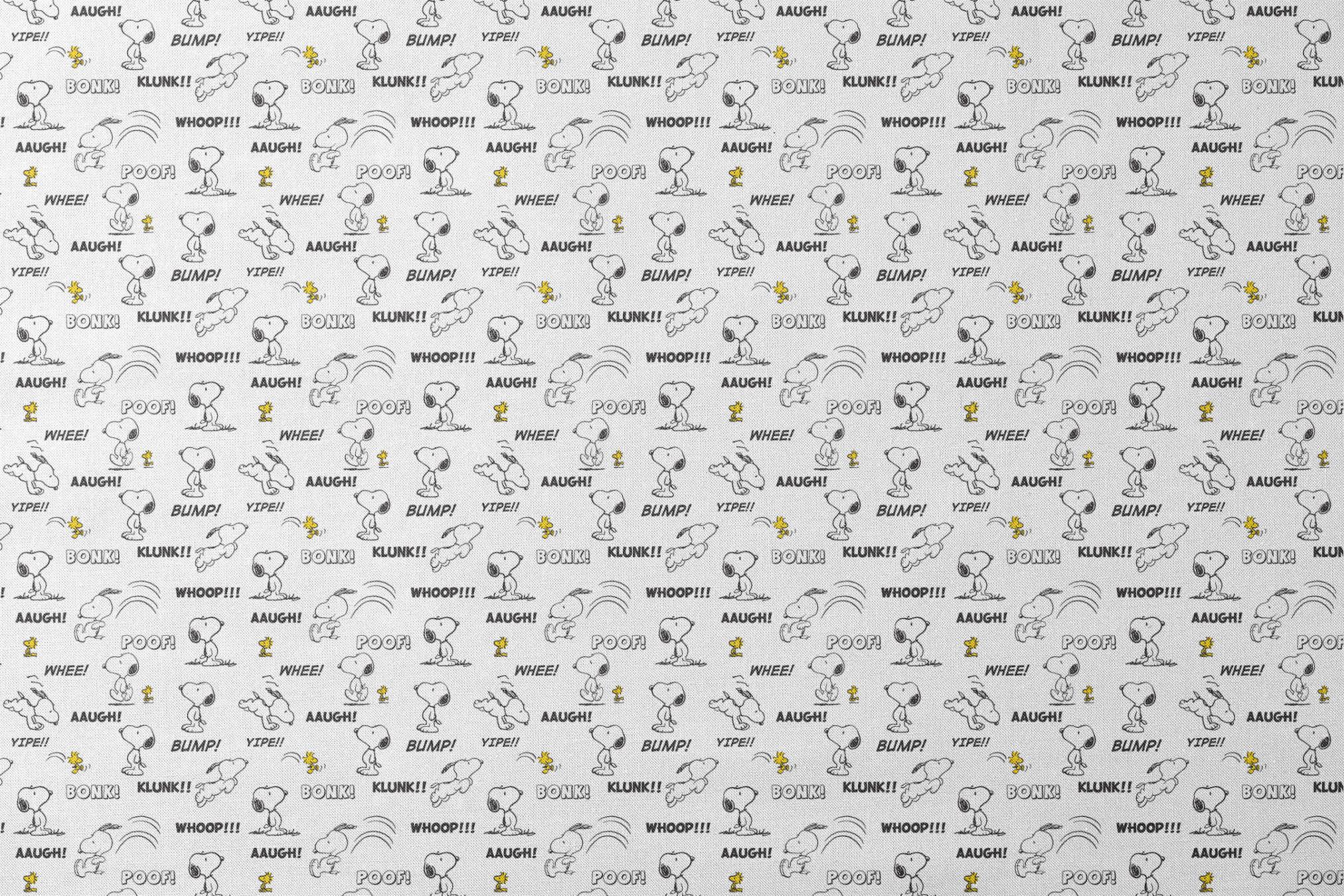 Comic-style pattern of Snoopy and Woodstock with sound effect words like "BONK!", "KLUNK!" and "BUMP!" in black and white. designs flat mockup