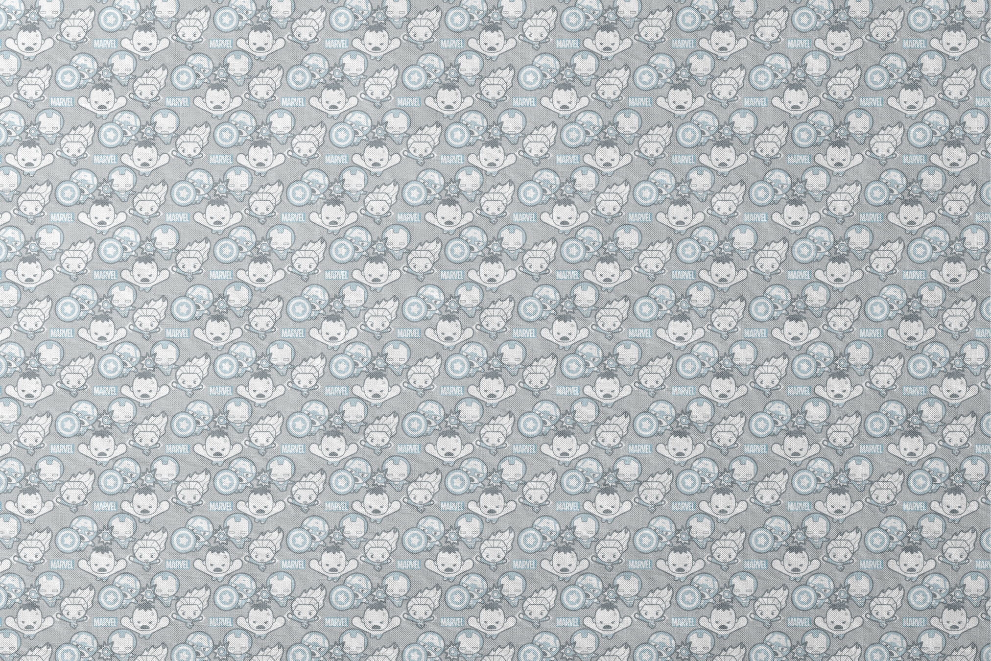 Cute cartoon Marvel superhero pattern with simplified characters and icons on gray background designs flat mockup