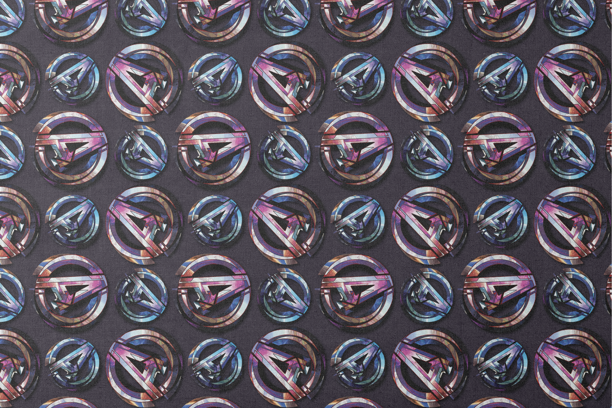 Colorful metallic Avengers logo pattern with iridescent purple and blue reflections on dark background designs flat mockup