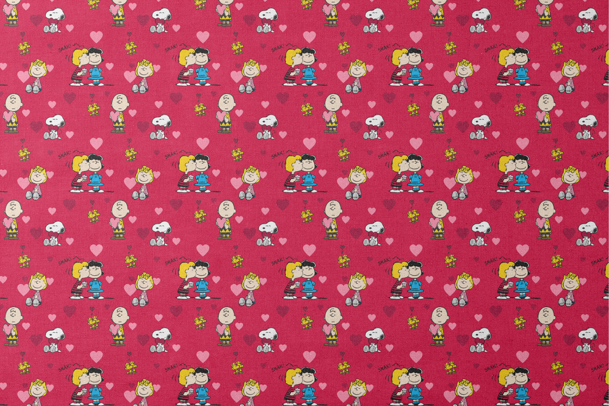 Peanuts characters on red background with hearts; Snoopy, Woodstock, and others in Valentine's theme designs flat mockup