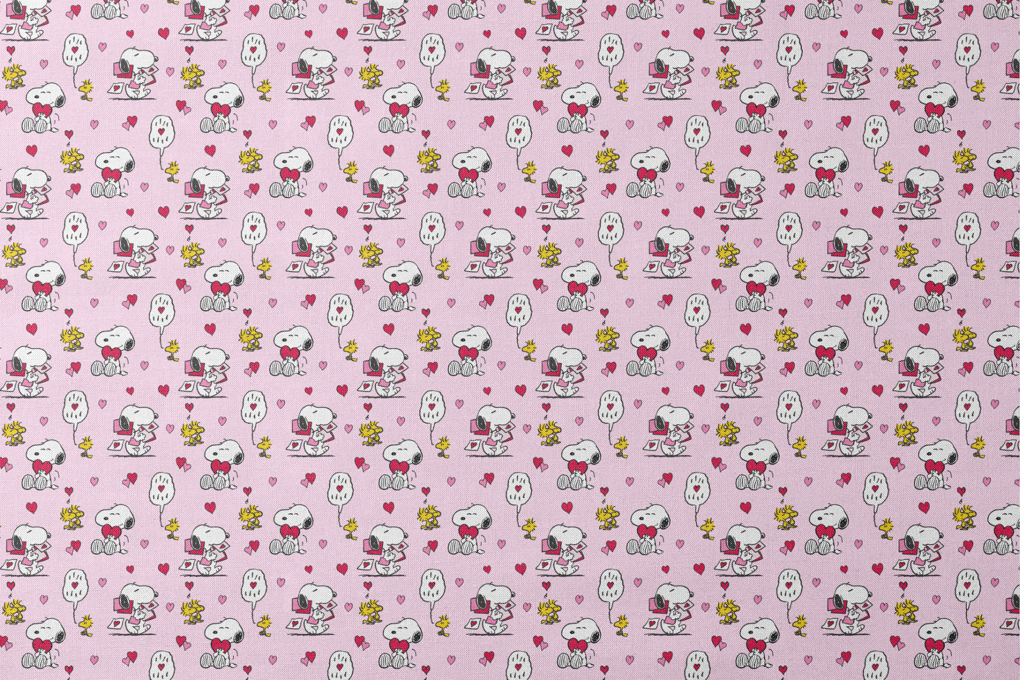 Valentine's pattern with Snoopy, Woodstock, and hearts on pink background, featuring love letters and speech bubbles. designs flat mockup