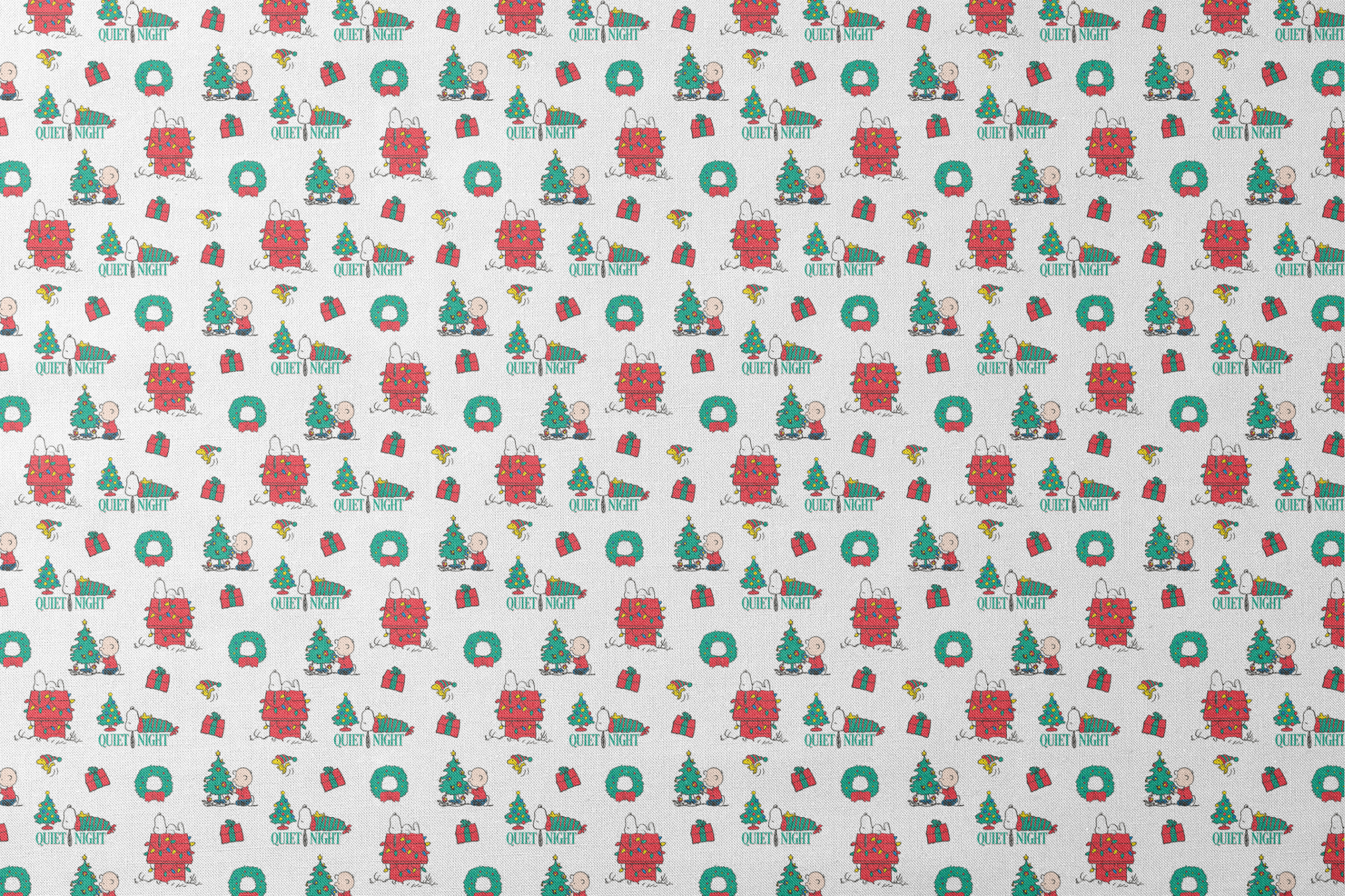 Peanuts Christmas pattern with Snoopy's decorated doghouse, trees, wreaths, and "Quiet Night" text designs flat mockup
