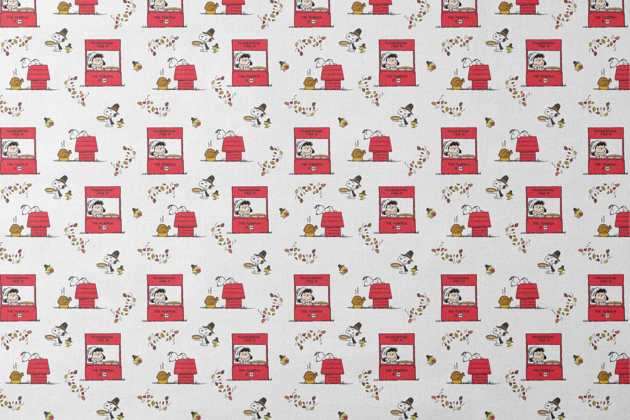 Peanuts Thanksgiving pattern with Snoopy, red booths, doghouses, and falling autumn leaves on white background designs flat mockup