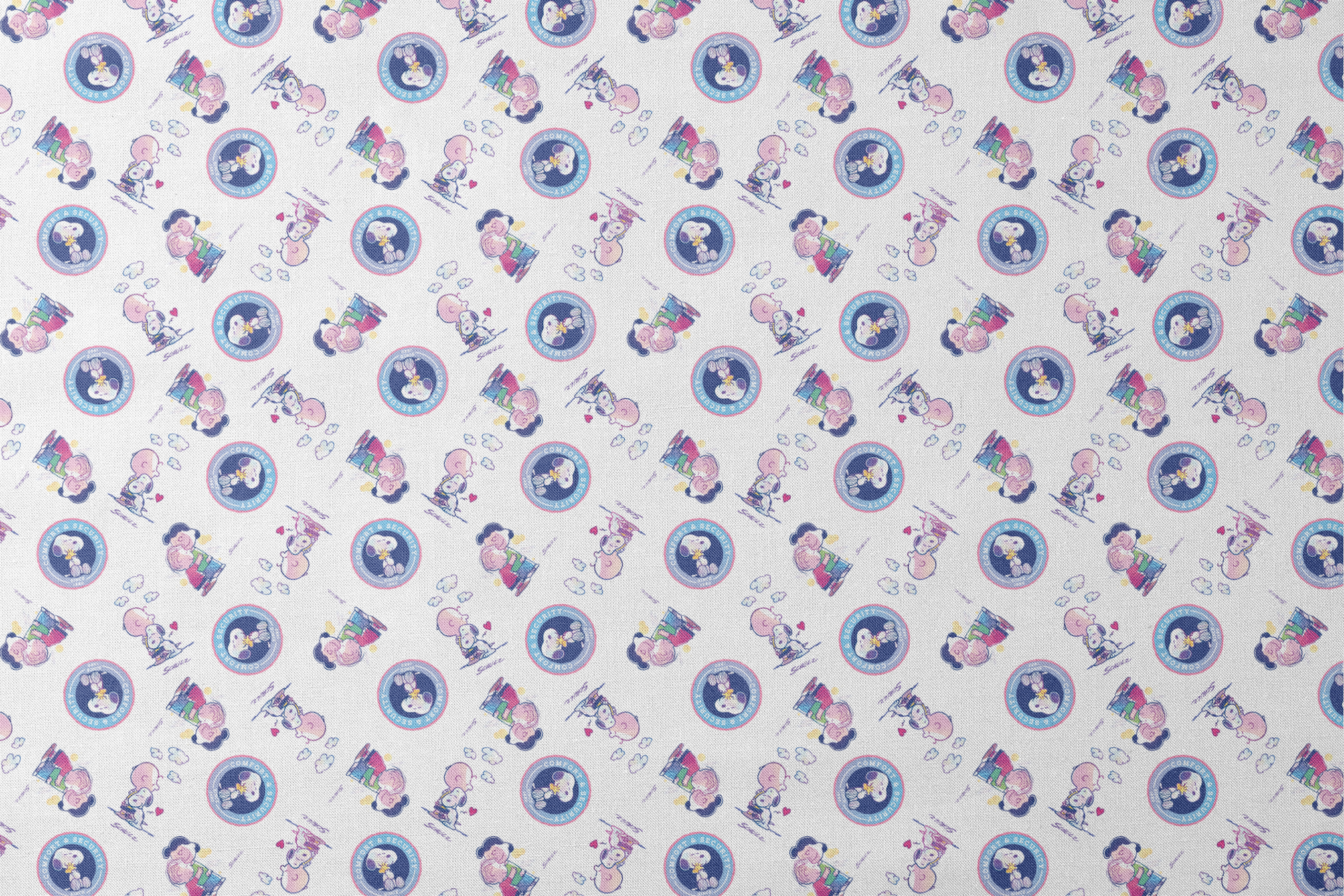 Peanuts cartoon pattern with Snoopy in blue circles and Charlie Brown with books on white background designs flat mockup