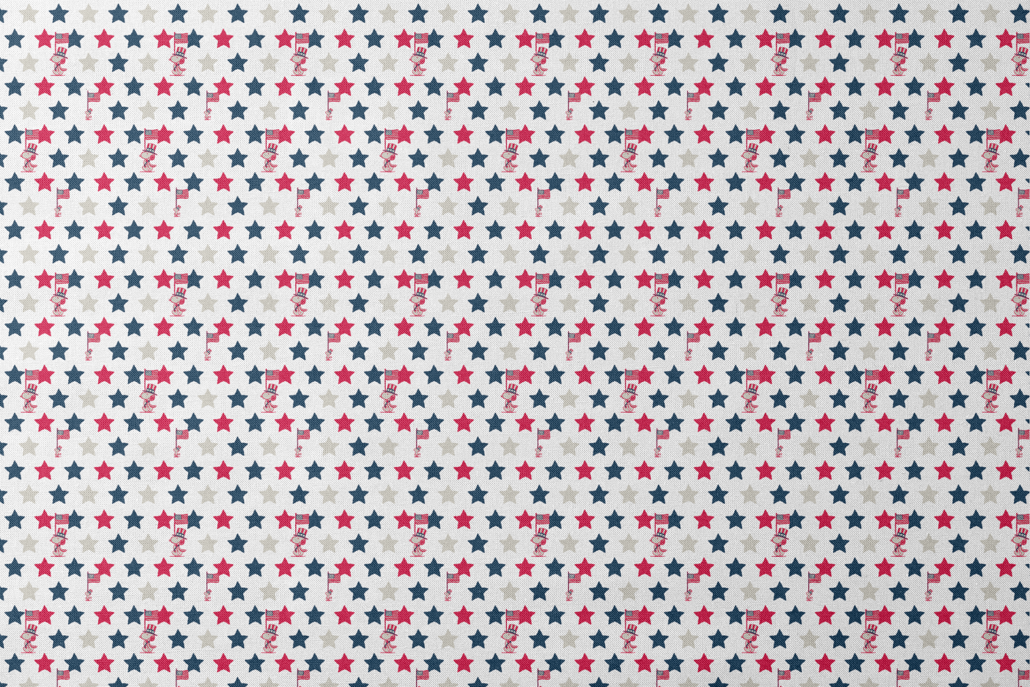 Peanuts Patriotic pattern with red, white, and blue stars alongside American flag poles on white background designs flat mockup