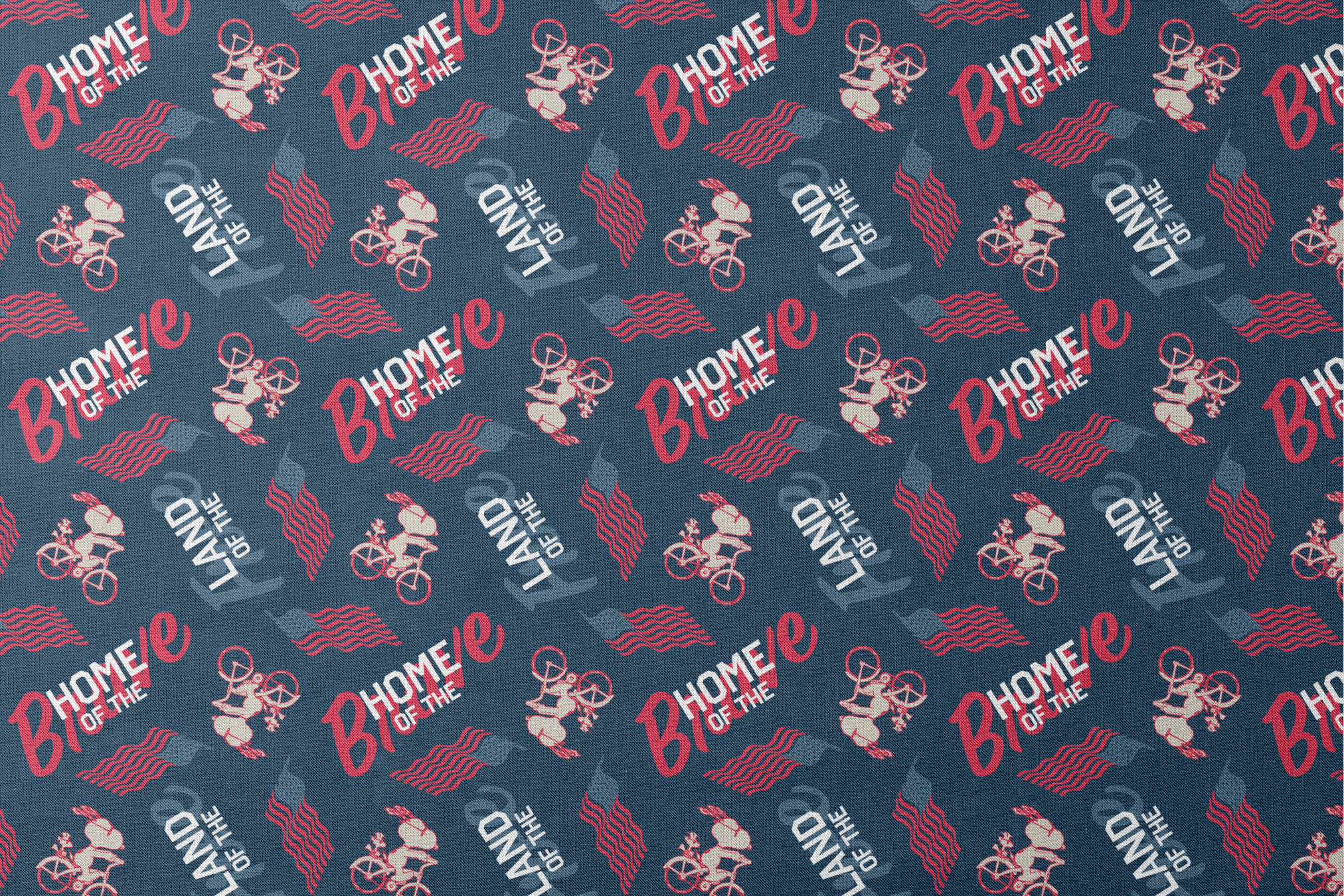 Repeating Peanuts "Home of the Brave" text pattern with bicycles on navy blue background with red wavy lines designs flat mockup