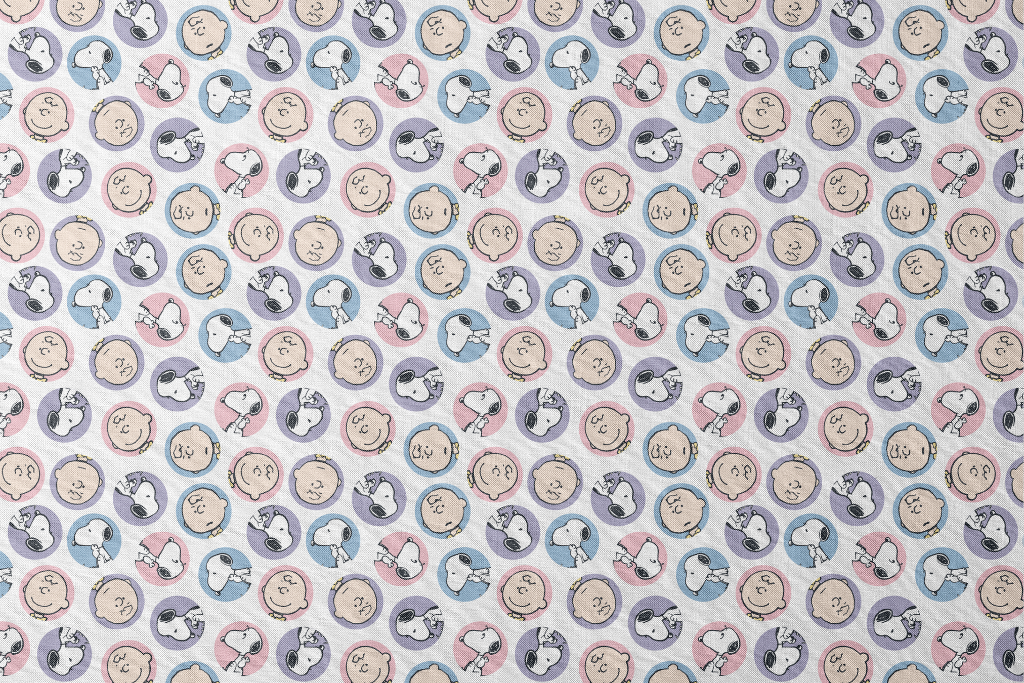 Peanuts cartoon pattern with Charlie Brown and Snoopy circular portraits in pink, blue and purple designs flat mockup