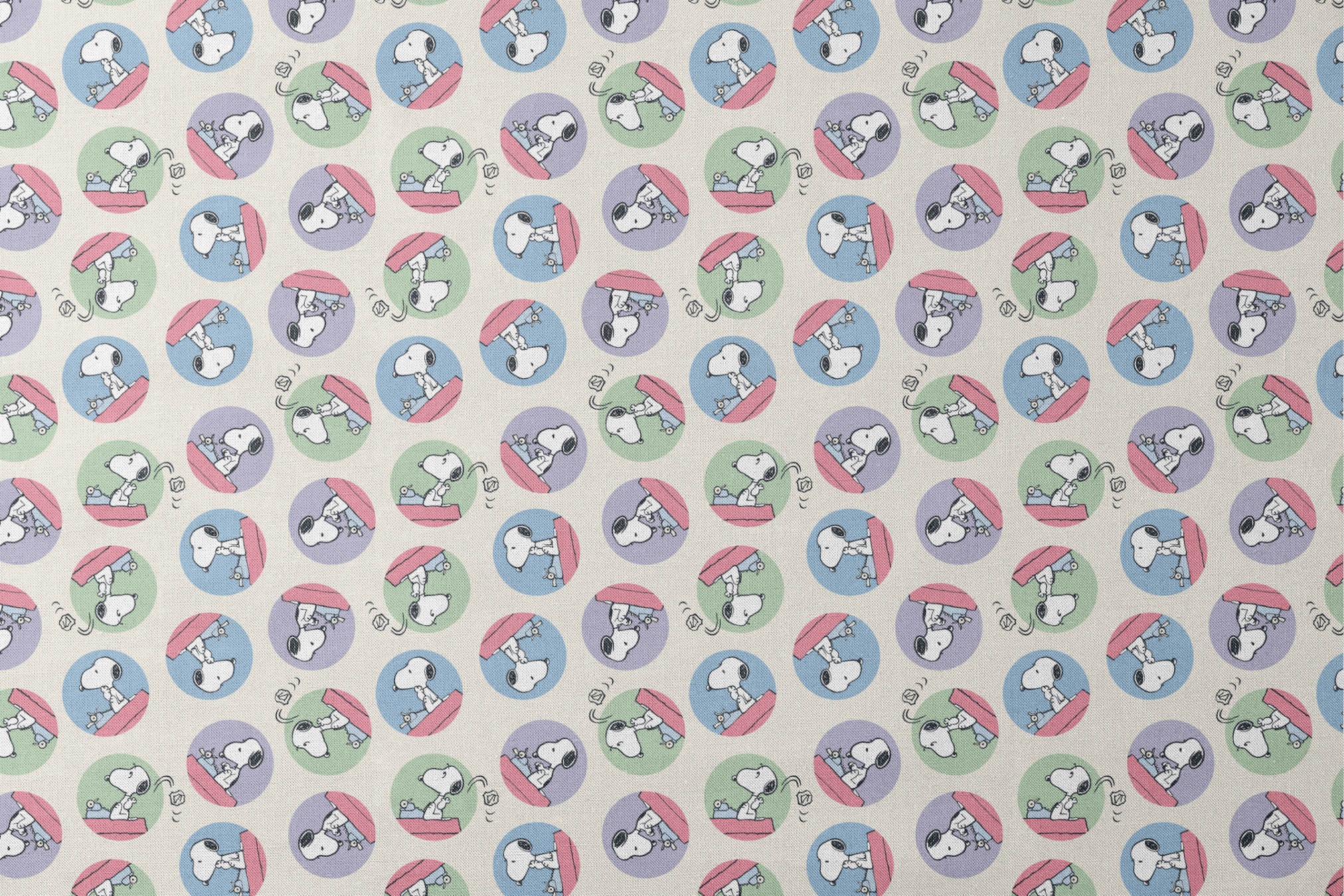 Cartoon Snoopy pattern with the beagle character in circular frames of blue, green, and purple backgrounds designs flat mockup