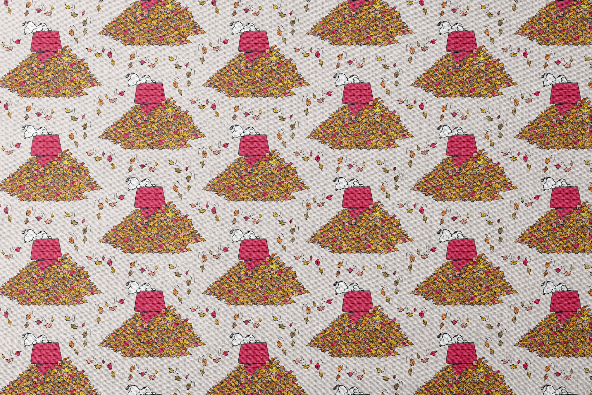 Snoopy and red doghouse on colorful autumn leaf piles with falling leaves pattern on beige background designs flat mockup