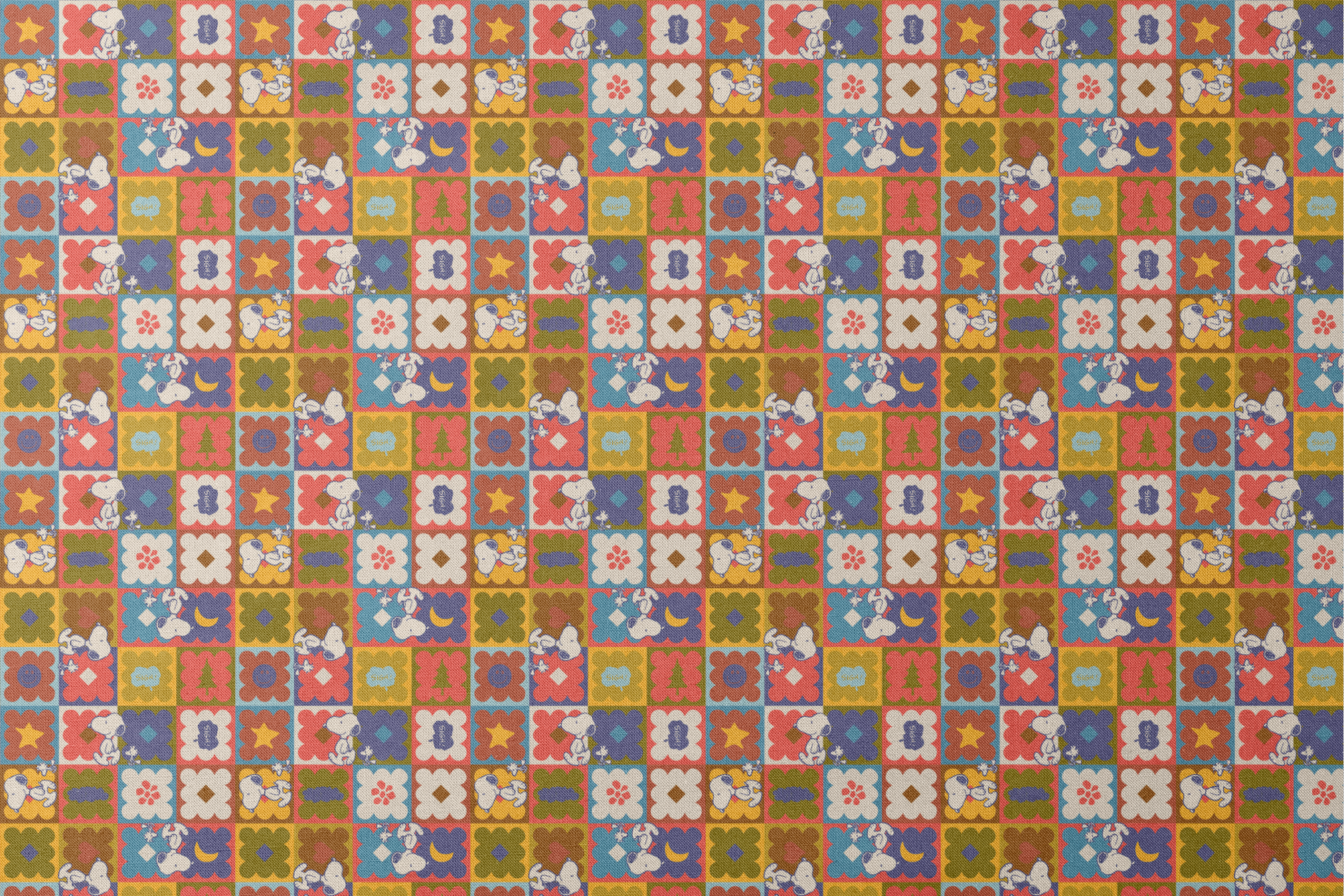 Colorful patchwork pattern featuring Snoopy characters in various squares with flowers, geometric shapes, and decorative elements designs flat mockup