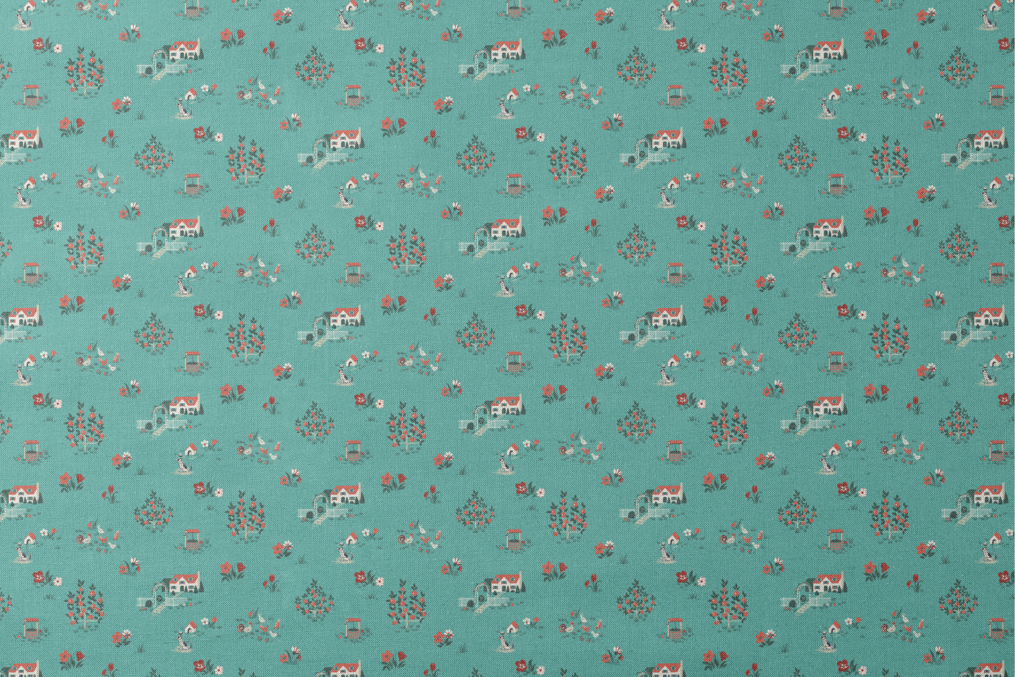 Teal background fabric with vintage cottages, flowers, chickens, and wells in a scattered countryside layout. designs flat mockup