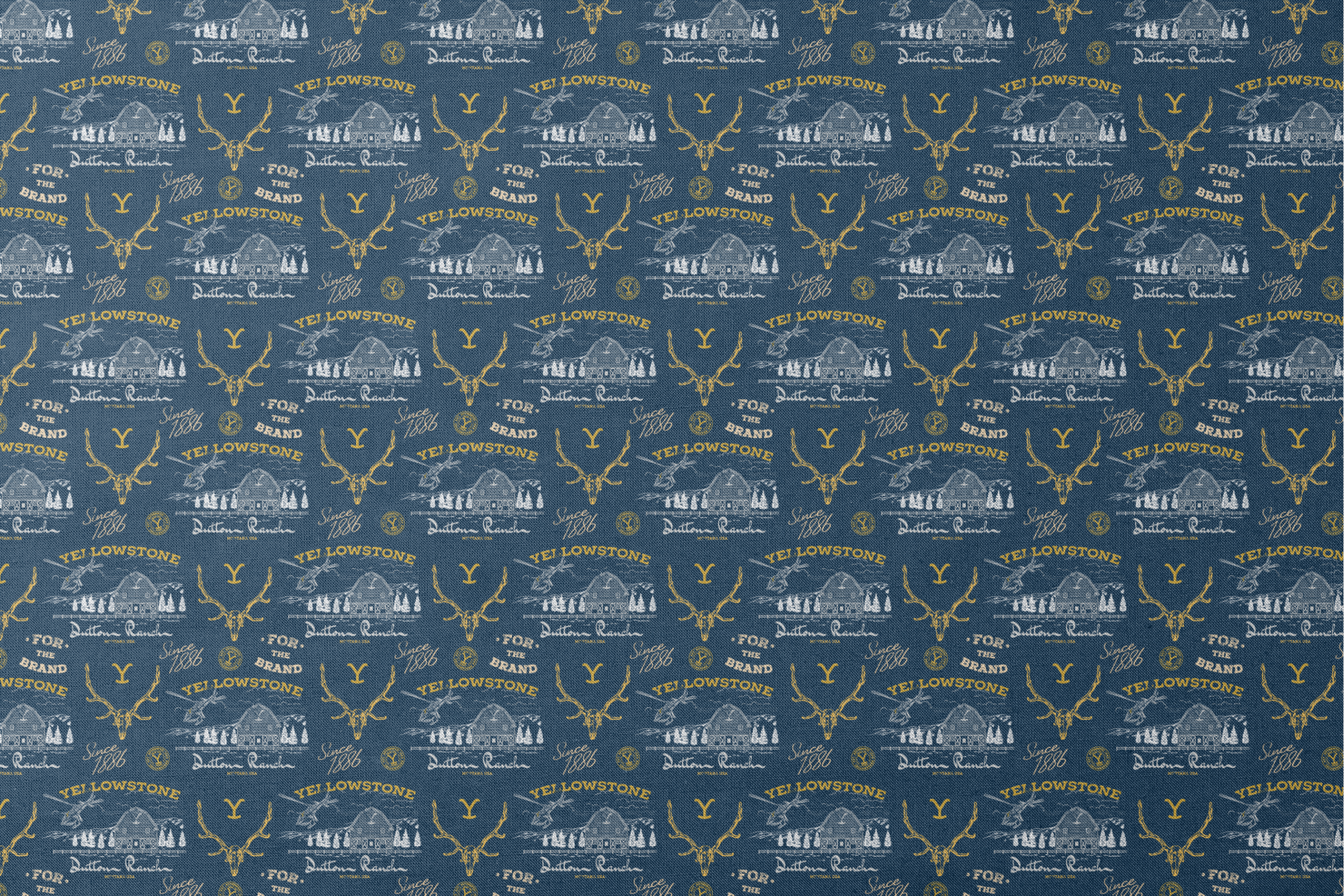Yellowstone-themed pattern with Dutton Ranch logos, deer antlers, and "Y" branding on navy blue background designs flat mockup