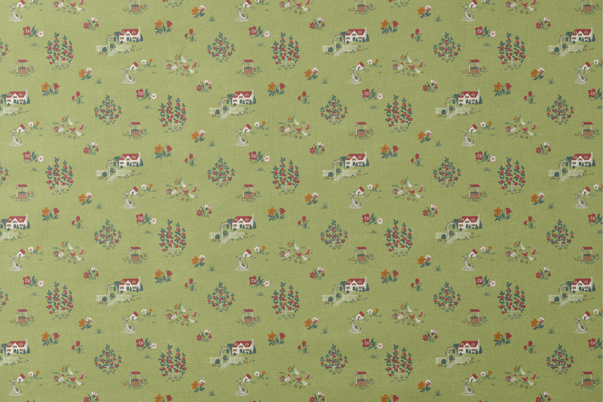 Scenic cottage garden design with vintage houses, flowers, and animals on olive green designs flat mockup