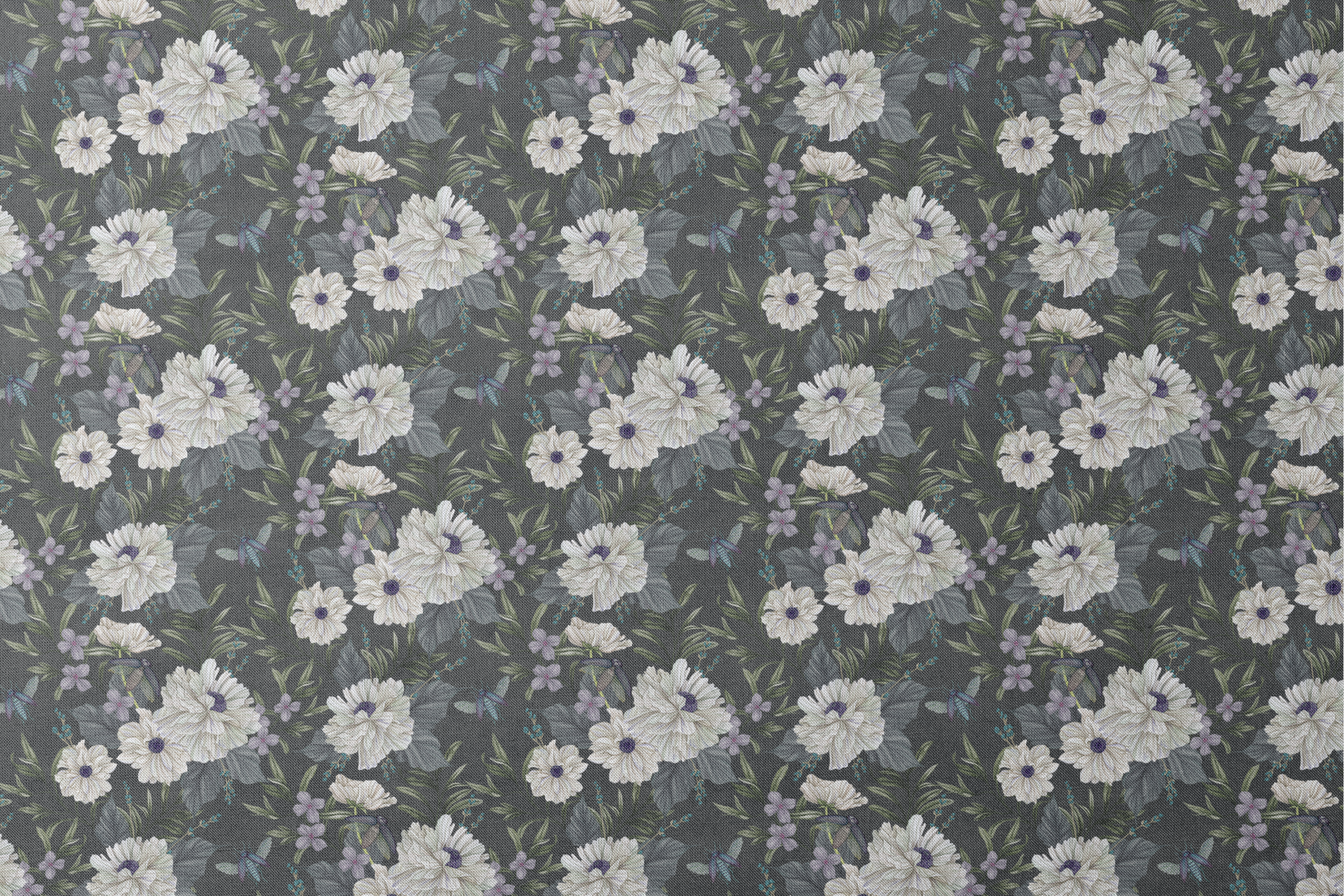 Ivory flowers with purple centers, beetles, and greenery illustrated on a dark charcoal background in a floral pattern by Nicole Tamarin. designs flat mockup