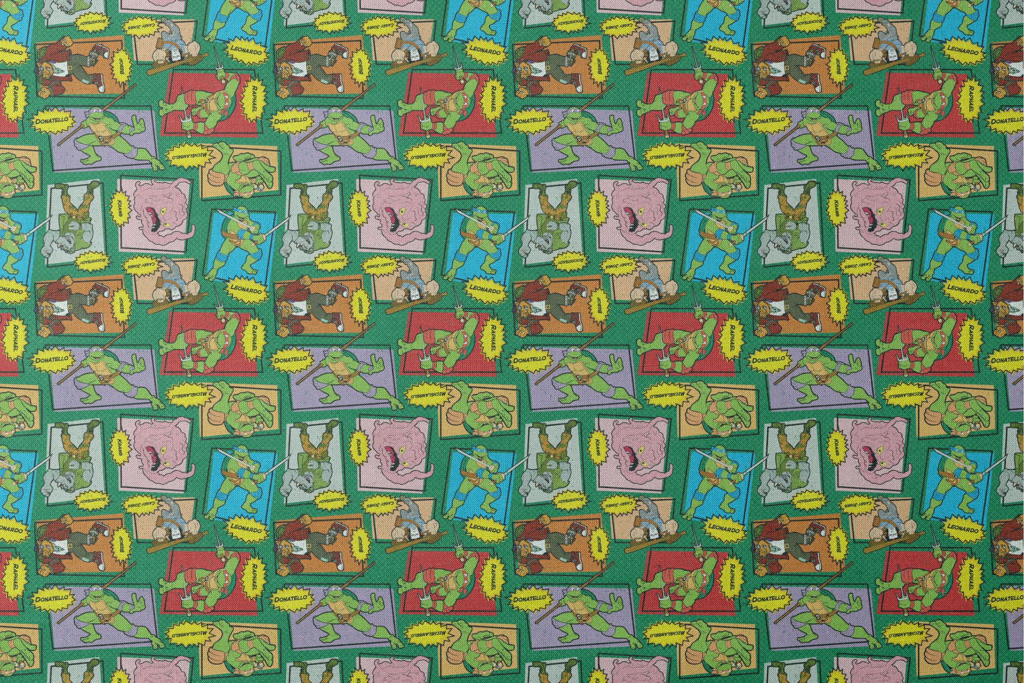 Retro Teenage Mutant Ninja Turtles comic print with turtles, villains, and action words in colorful panels. designs flat mockup