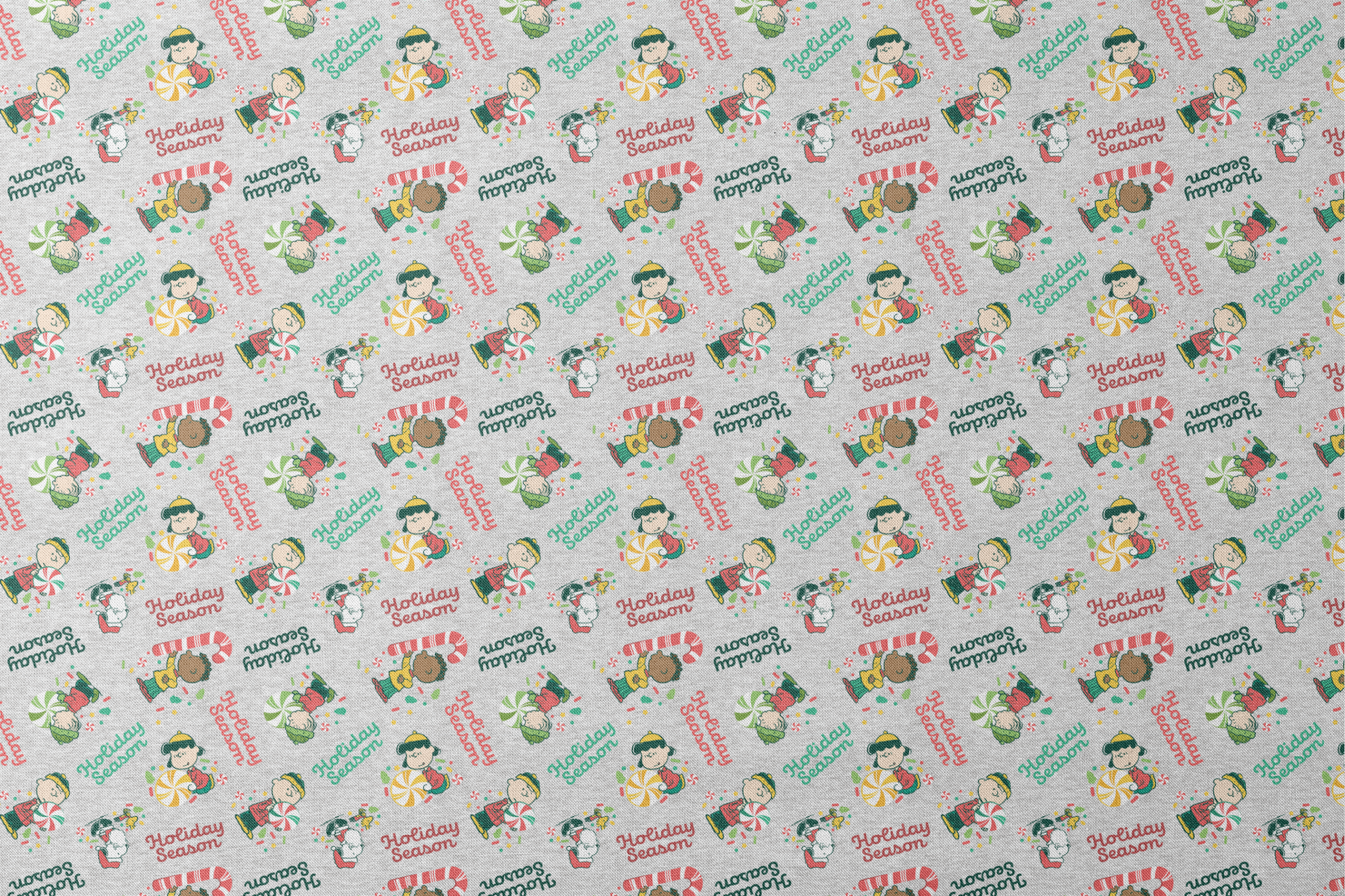 Festive Peanuts characters with candy canes and peppermints on gray background with "Holiday Season" text designs flat mockup