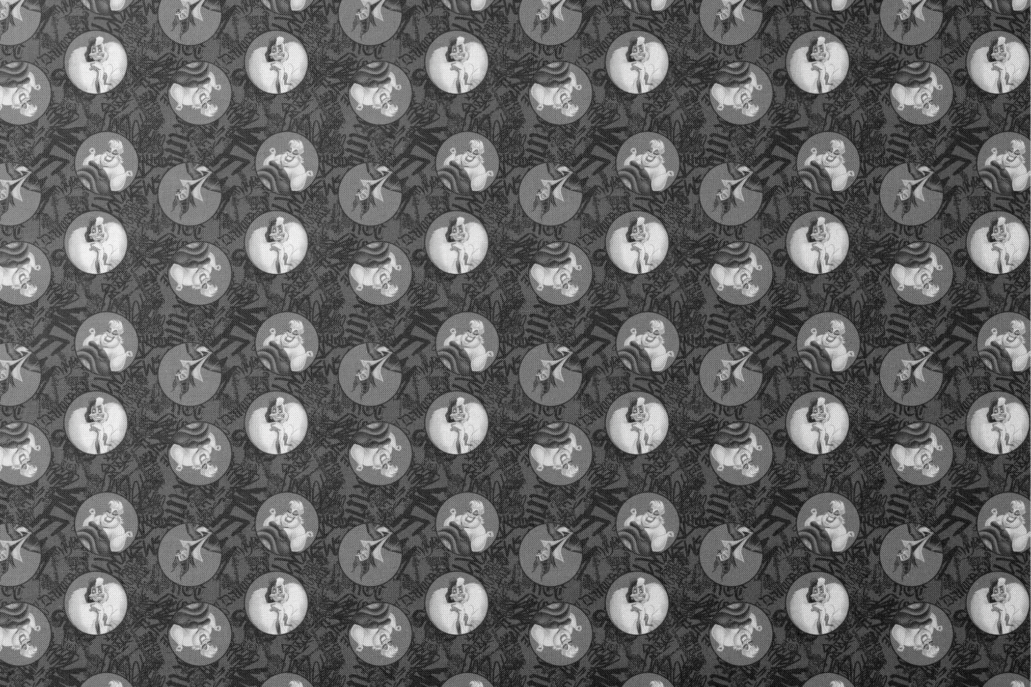 Cartoon character with tentacle-like hair in circular medallions on dark background with graffiti-style text designs flat mockup