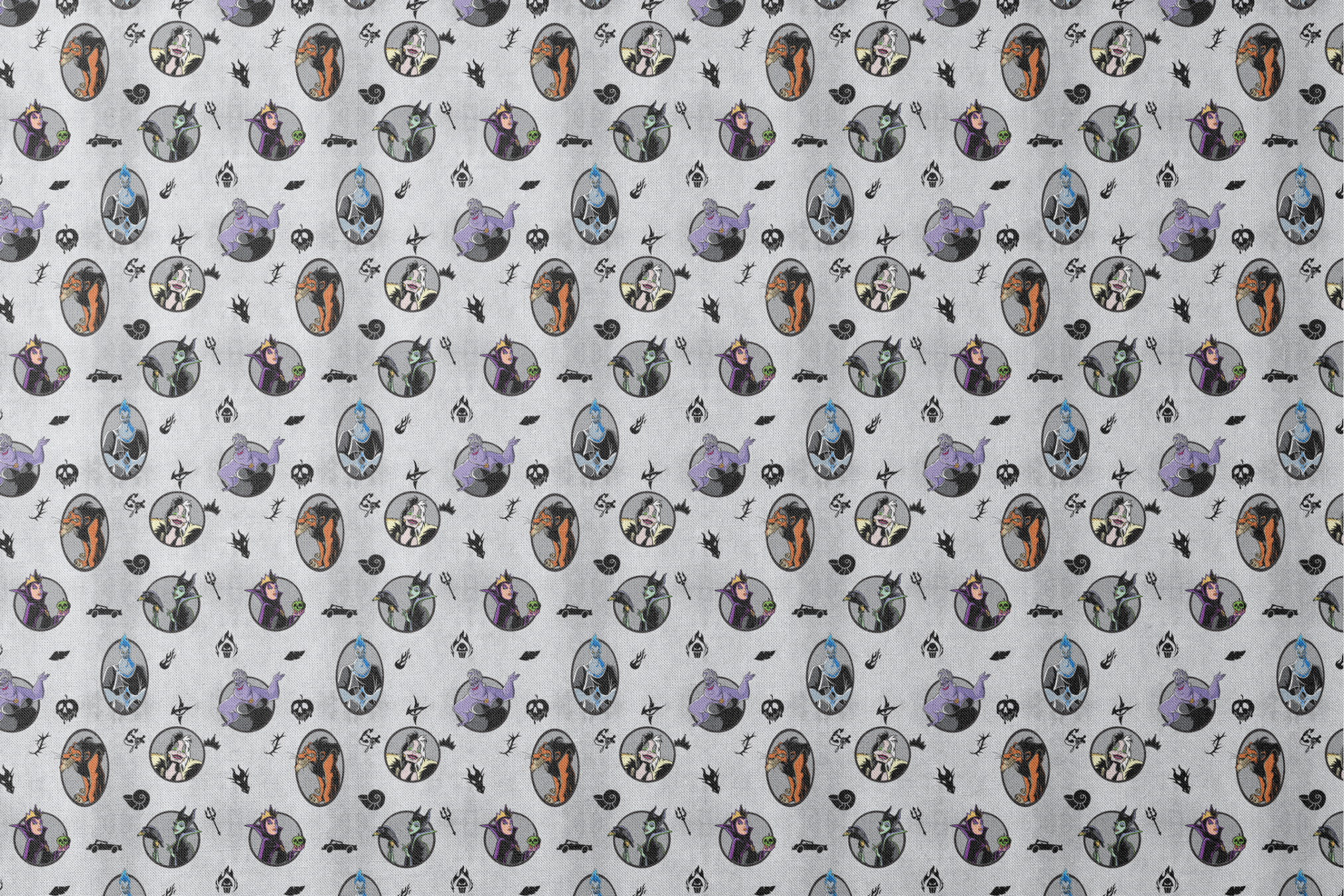 Disney villain characters in circular portraits on a gray background with spooky silhouette symbols designs flat mockup