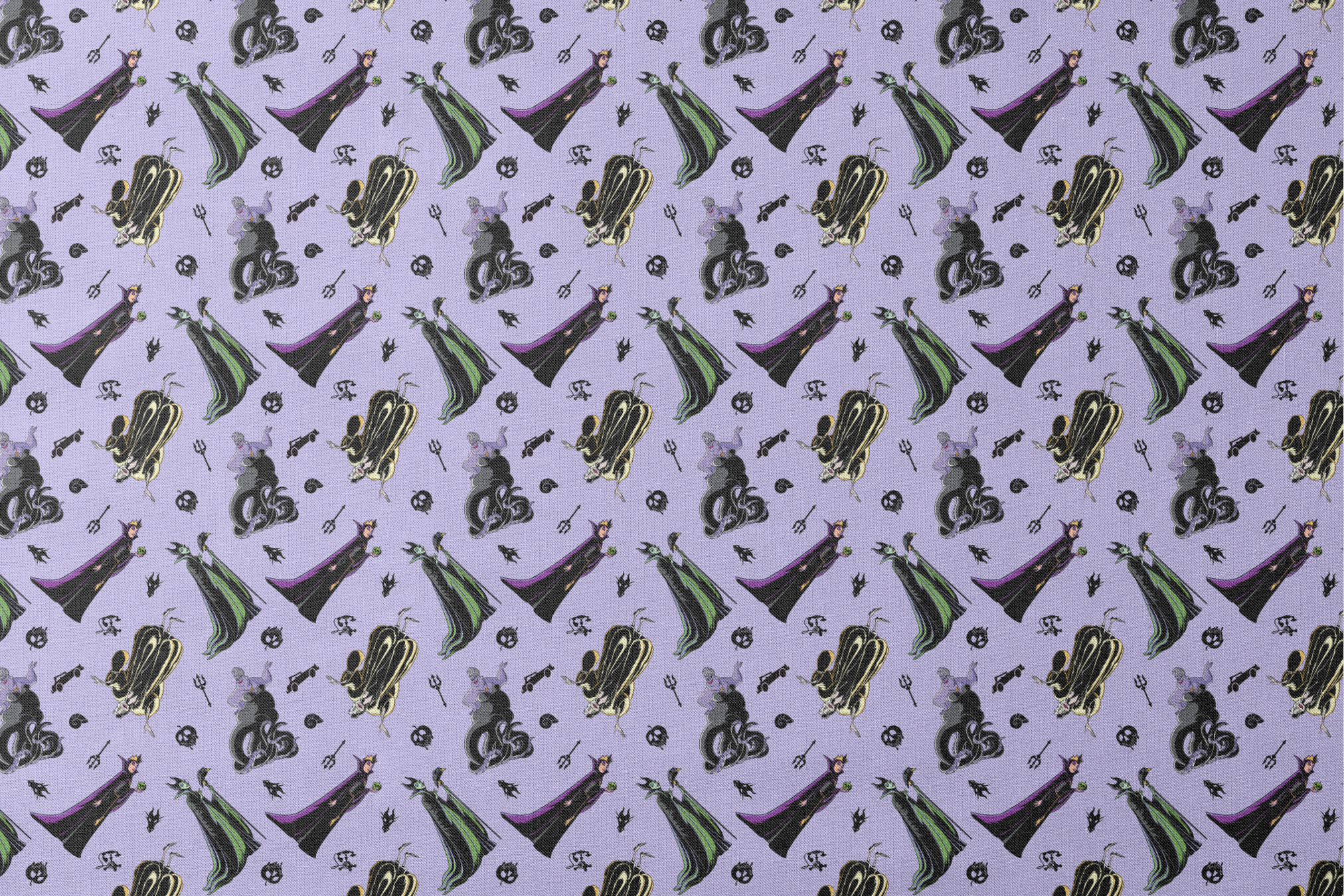 Disney villain characters pattern on purple background, featuring Maleficent and other iconic antagonists in stylized form designs flat mockup