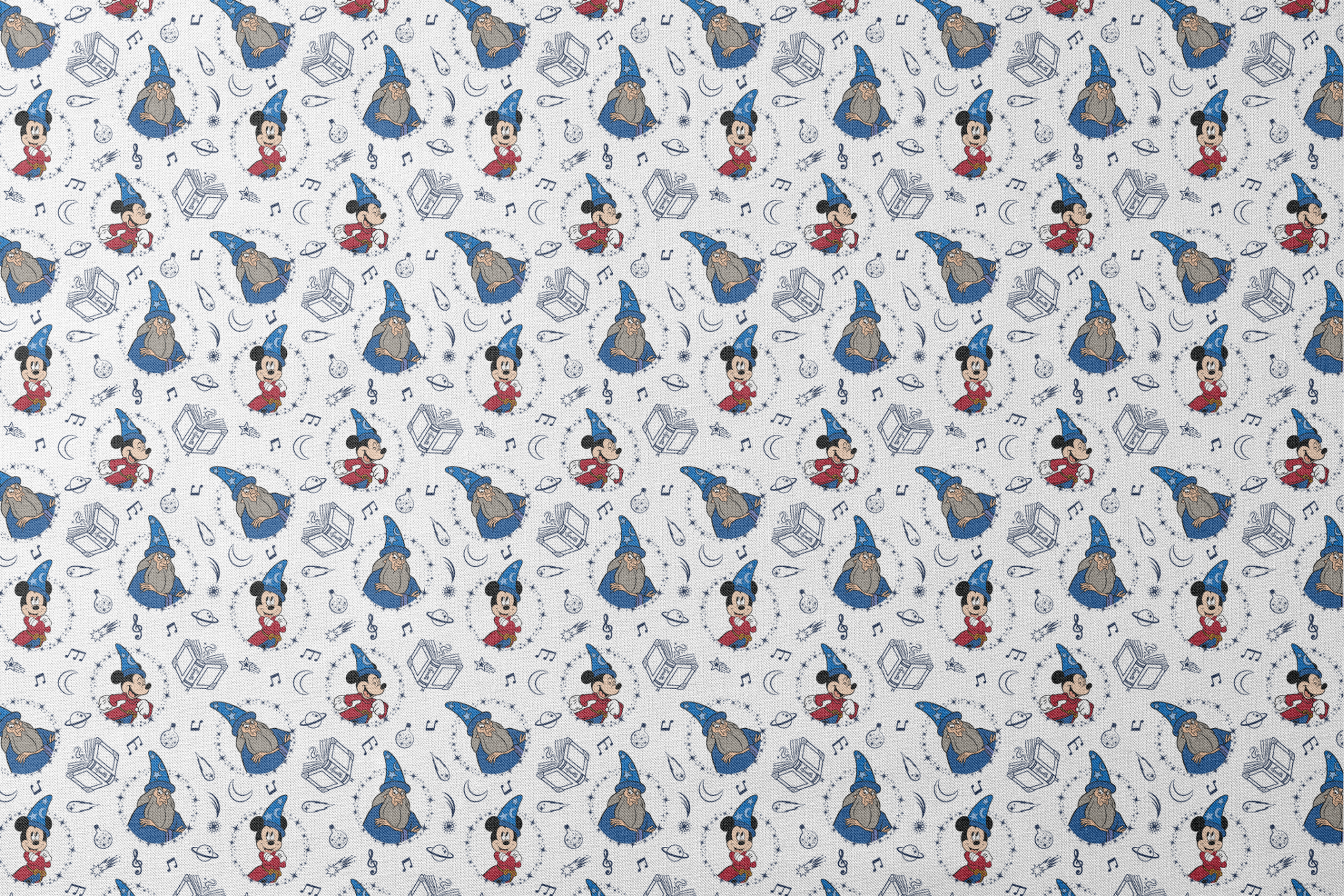 Disney's Fantasia pattern with Mickey Mouse in wizard hat, magical books, music notes, celestial elements on white background designs flat mockup