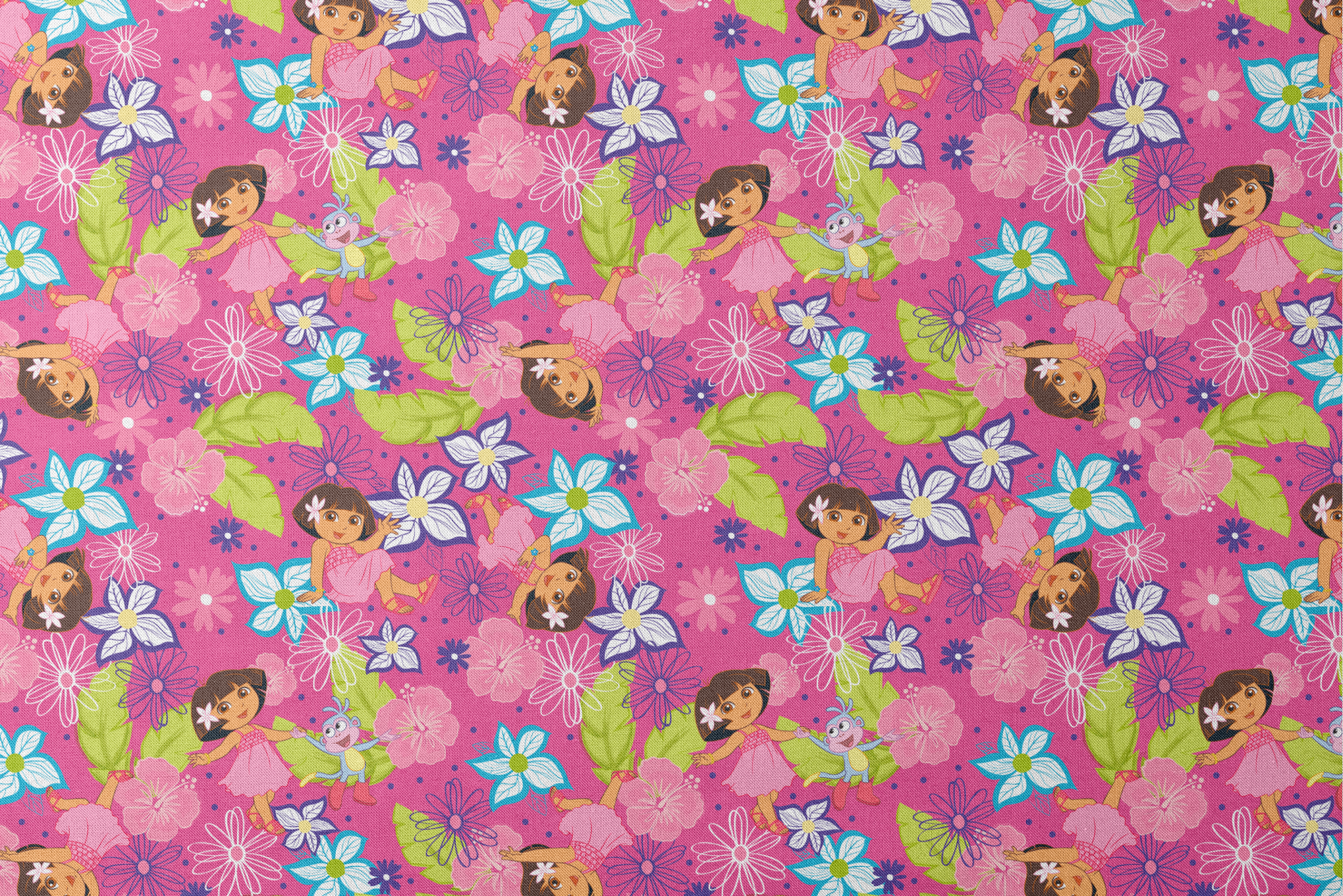 Colorful cartoon pattern with Dora the Explorer characters among vibrant flowers on pink background designs flat mockup