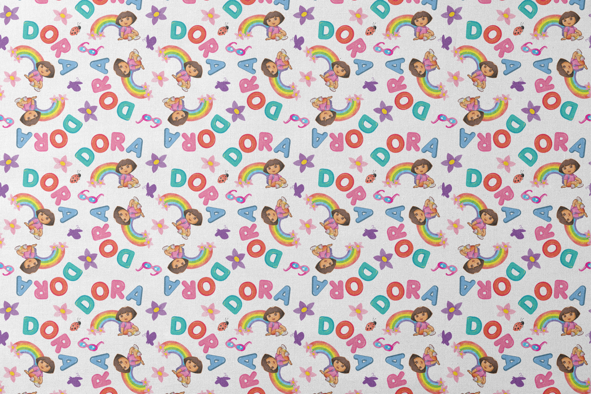 Colorful Dora pattern with rainbows, flowers, alongside scattered "DORA" letters on white background. designs flat mockup