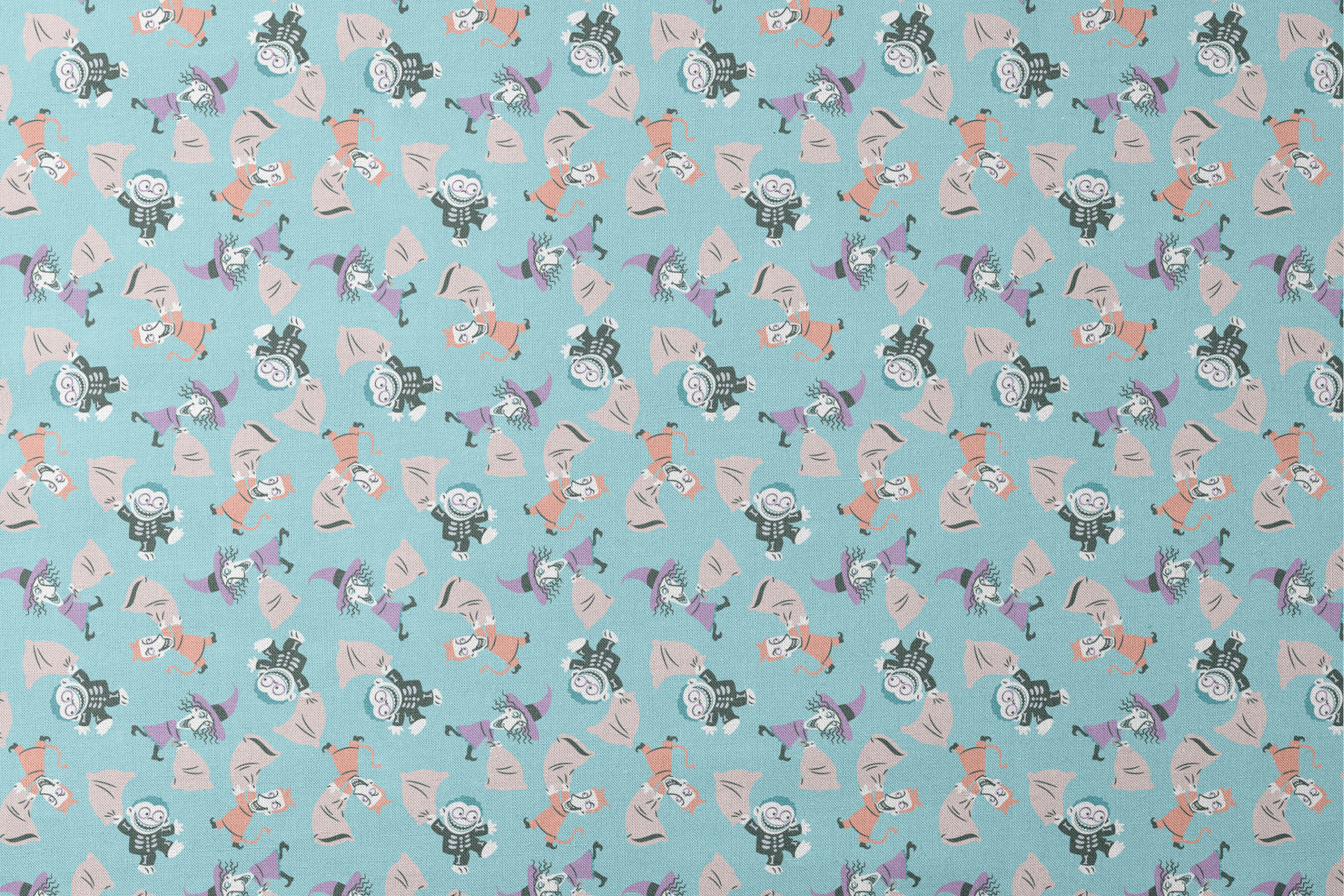 Whimsical pattern of cartoon characters in Halloween costumes on light blue background designs flat mockup