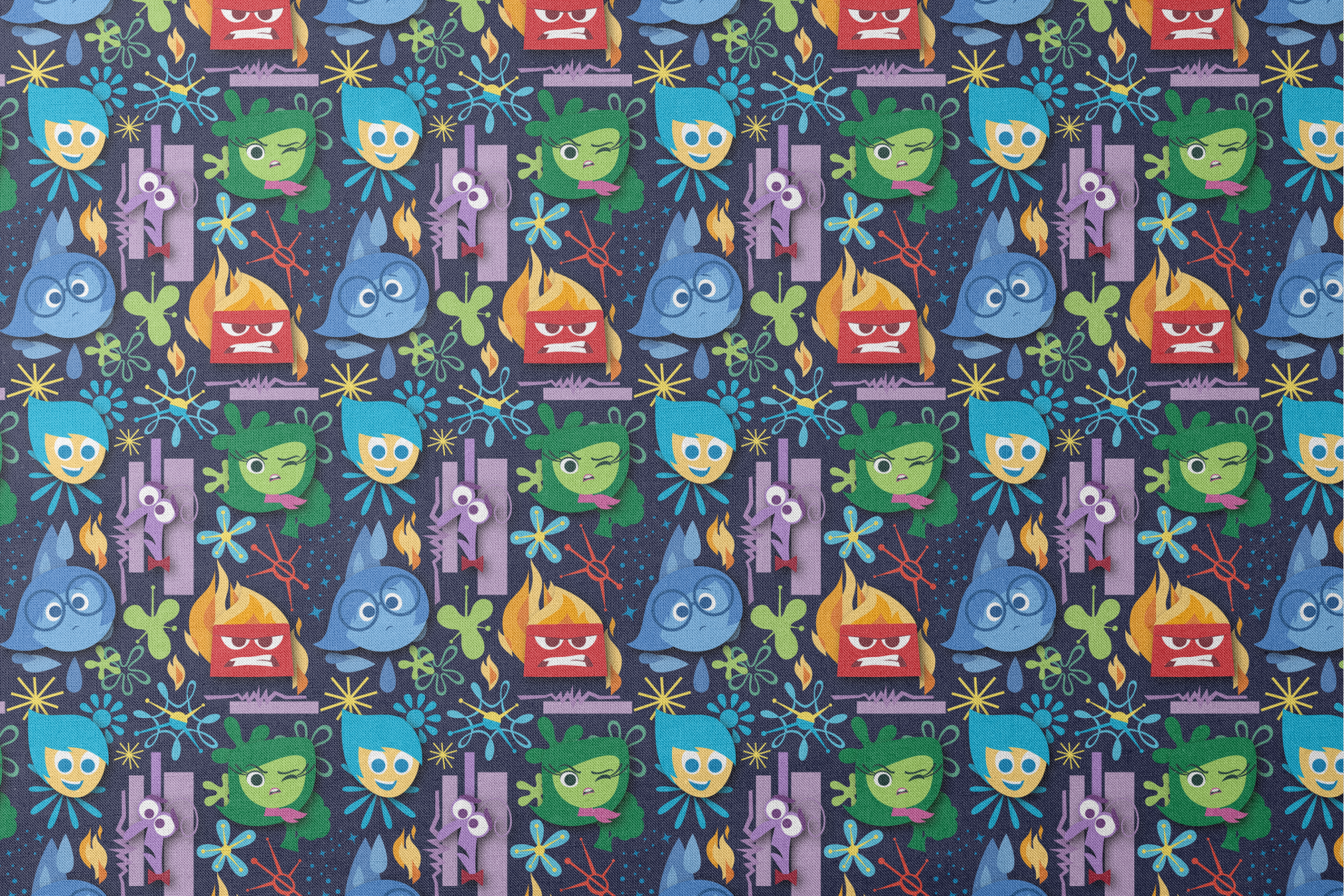 Colorful Inside Out characters with blue, red, green faces and abstract shapes on dark background designs flat mockup