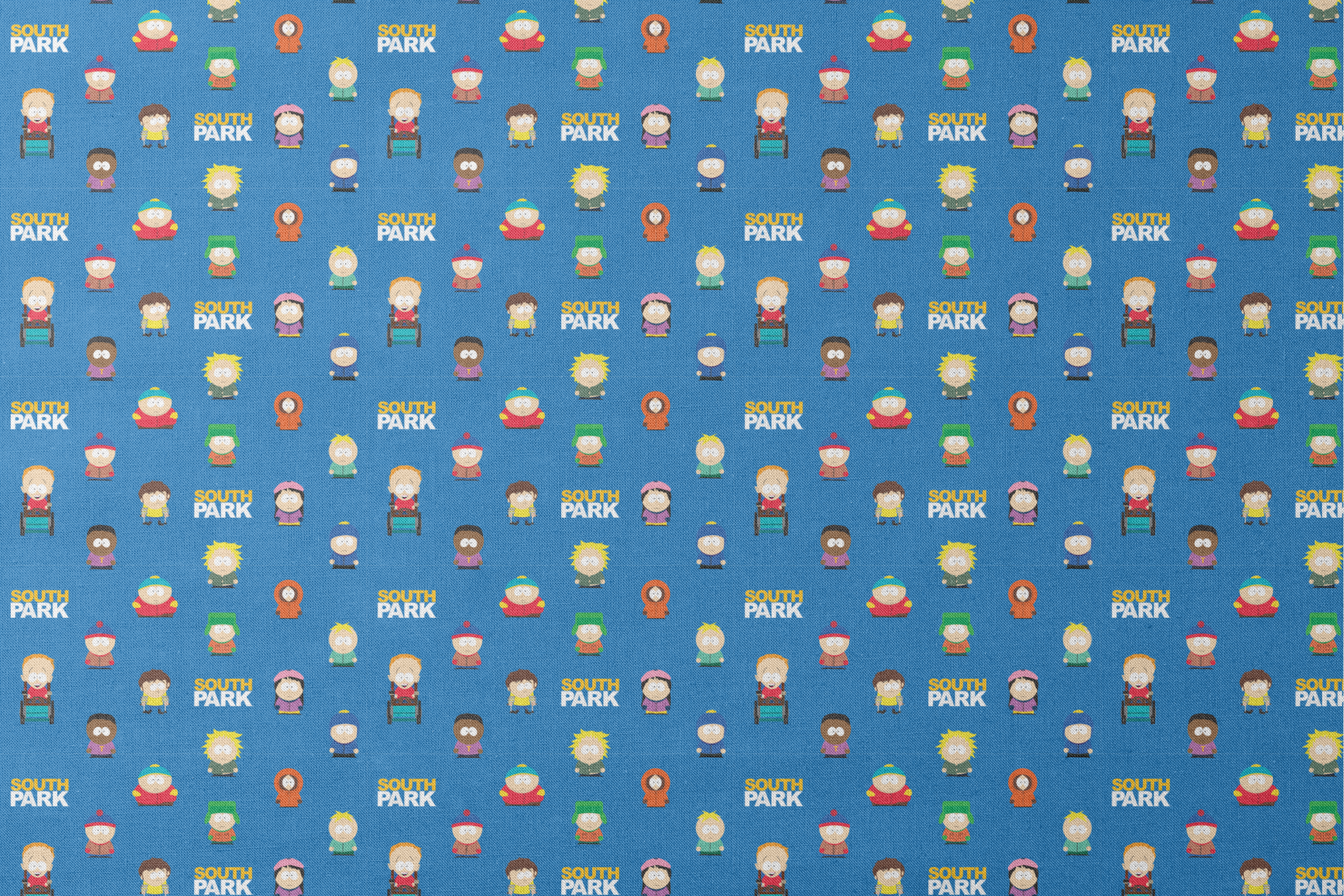 Stan, Kyle, Cartman, Kenny, Butters, Tweek, Jimmy, Wendy, Token, and other South Park characters with the show’s logo on a bright blue background in a scattered repeat. designs flat mockup