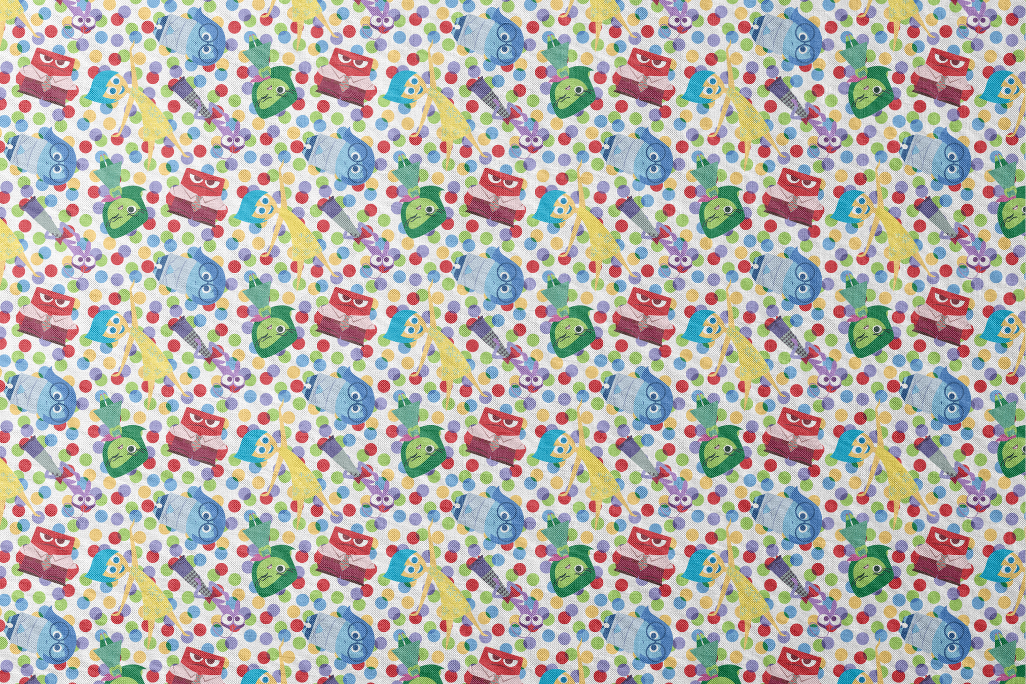 Colorful pattern of animated character heads from Inside Out movie on polka dot background designs flat mockup