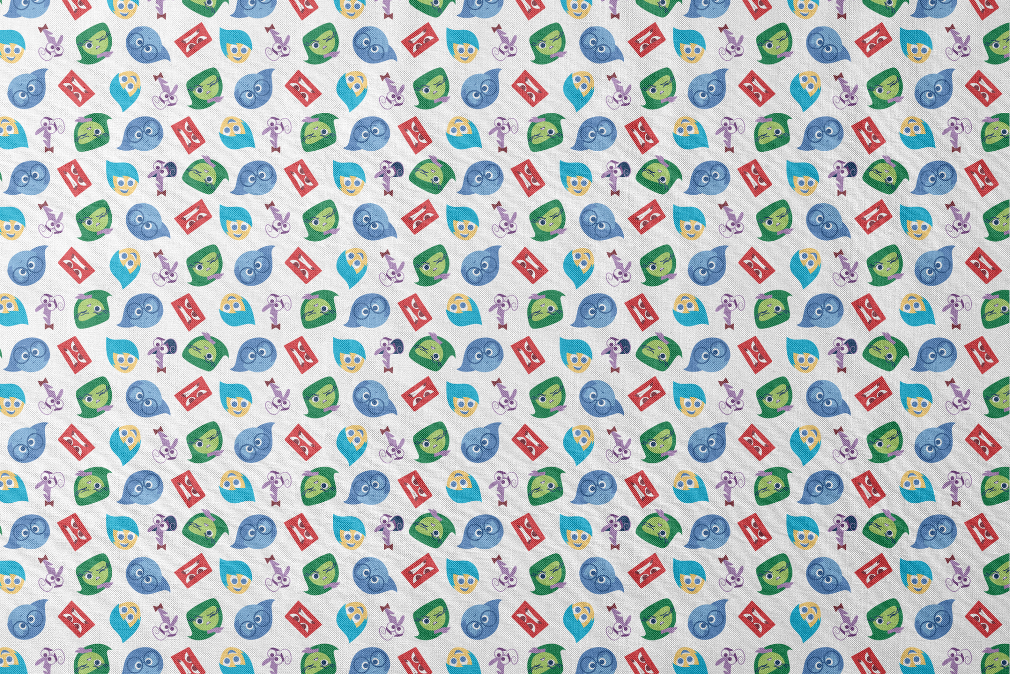 Colorful pattern of Inside Out characters - Joy, Sadness, Anger, Disgust, and Fear designs flat mockup