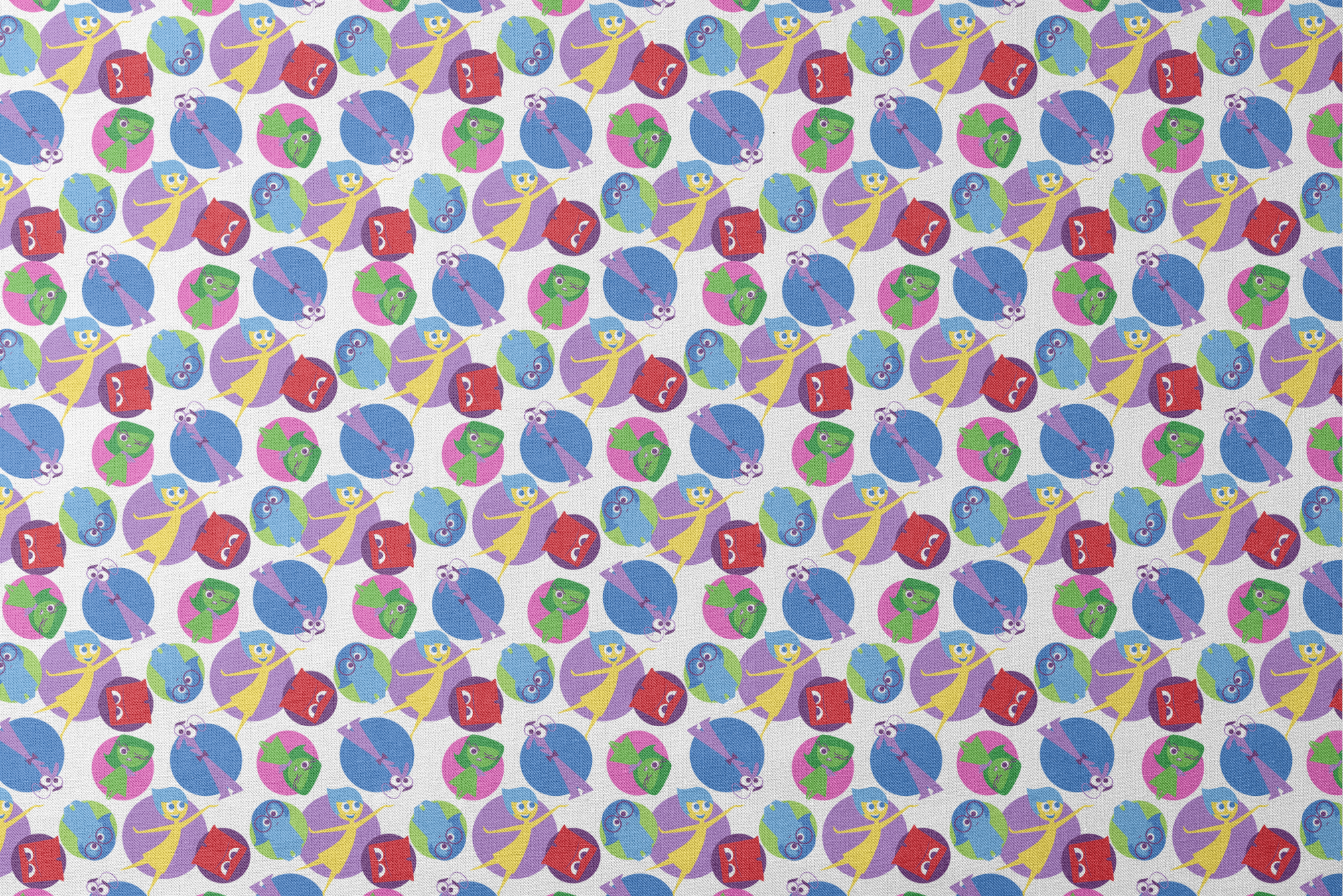 Colorful pattern of Inside Out characters with expressive eyes in overlapping purple, blue, red, and green circles designs flat mockup