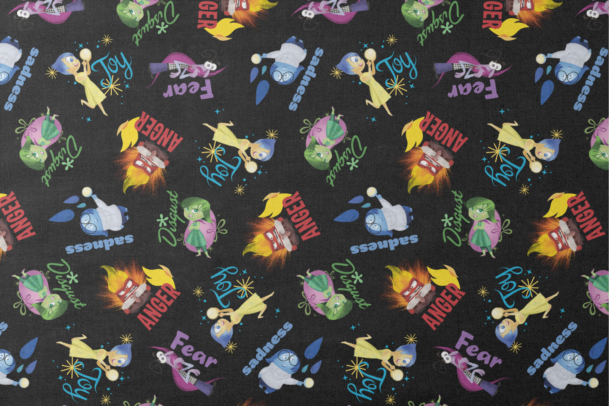 Colorful Pixar pattern on black background with Inside Out characters and emotion words like "Fear designs flat mockup
