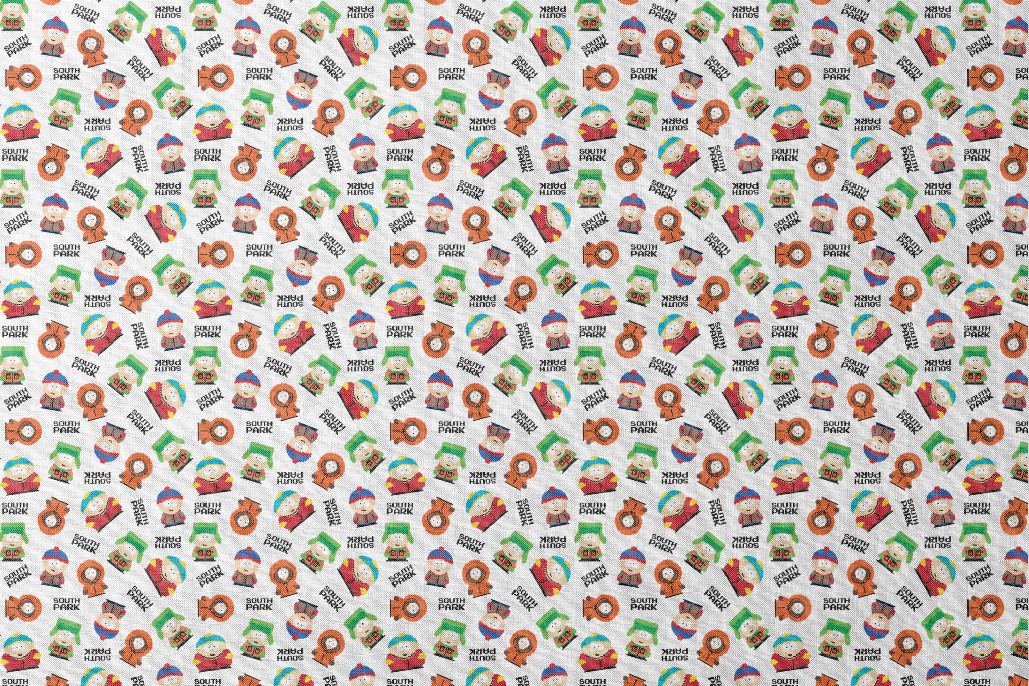 Pixel art versions of Stan, Kyle, Cartman, and Kenny with the South Park logo in black, tossed on a white background in various rotations. designs flat mockup