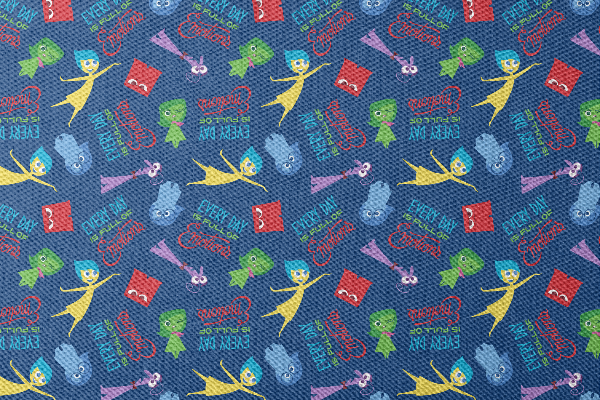 Colorful cartoon character pattern on blue background with characters from Inside Out movie and text phrases designs flat mockup