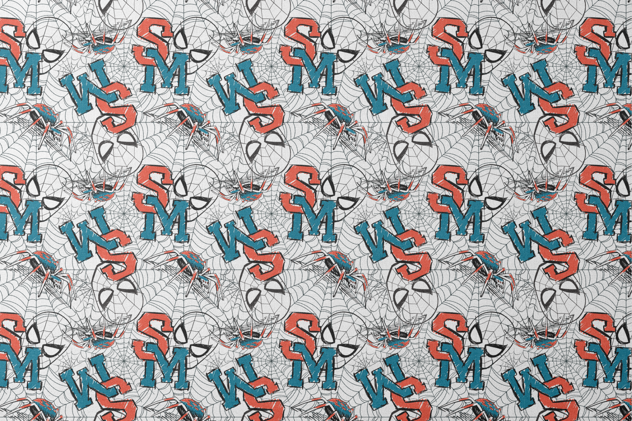 Abstract design with blue and red letters (S, M, K) overlaid with black spider web patterns on white background designs flat mockup