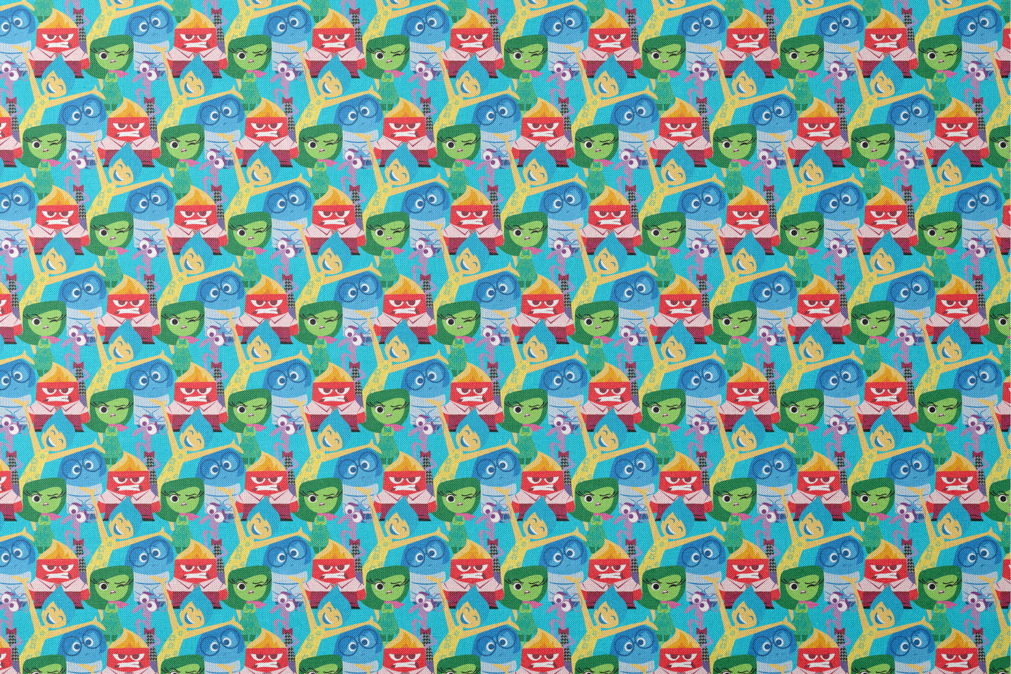 Colorful animated characters from Pixar's Inside Out - Joy, Sadness, Anger, Disgust and Fear in repeating pattern designs flat mockup