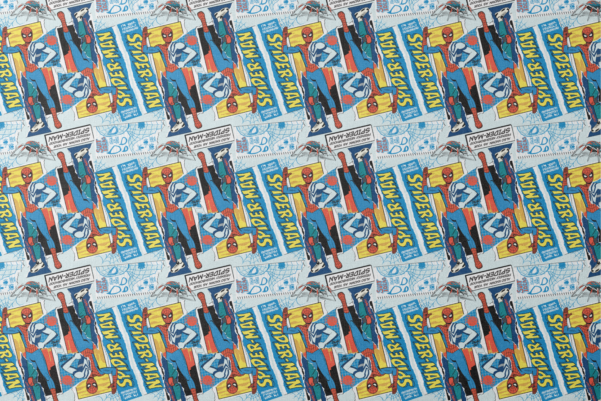 Spider-Man comic book style pattern with red and blue superheroes in action poses against web-themed background designs flat mockup