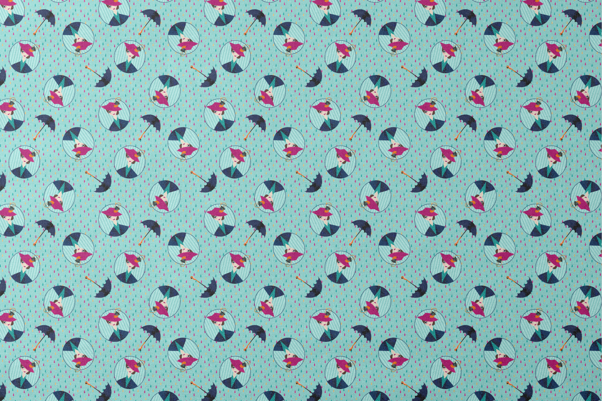 Colorful rainy pattern with Mary Poppins holding umbrellas in circular frames on turquoise background with pink raindrops designs flat mockup