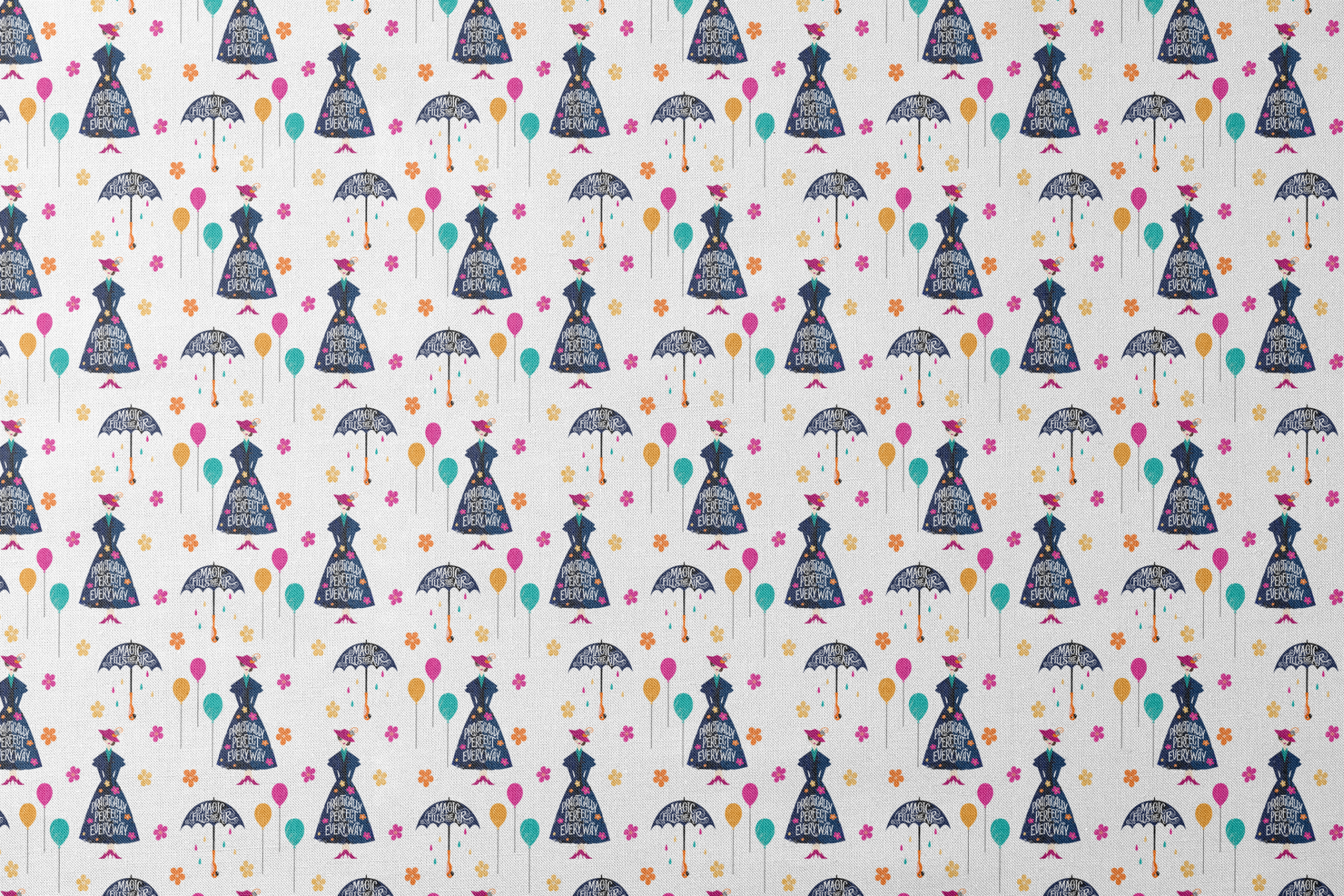 Colorful pattern with Mary Poppins-inspired silhouettes, umbrellas, balloons, and flowers on white background designs flat mockup