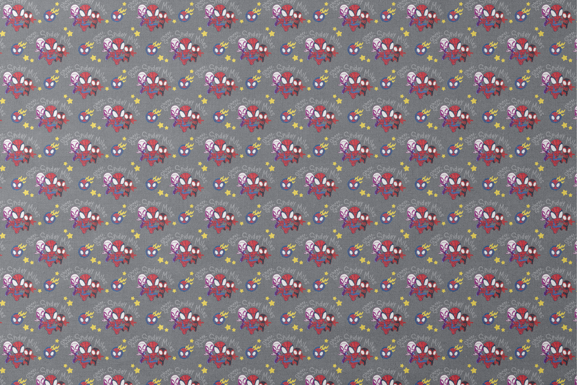 Cartoon Spider-Man characters pattern with stylized spider heroes and yellow stars on gray background designs flat mockup