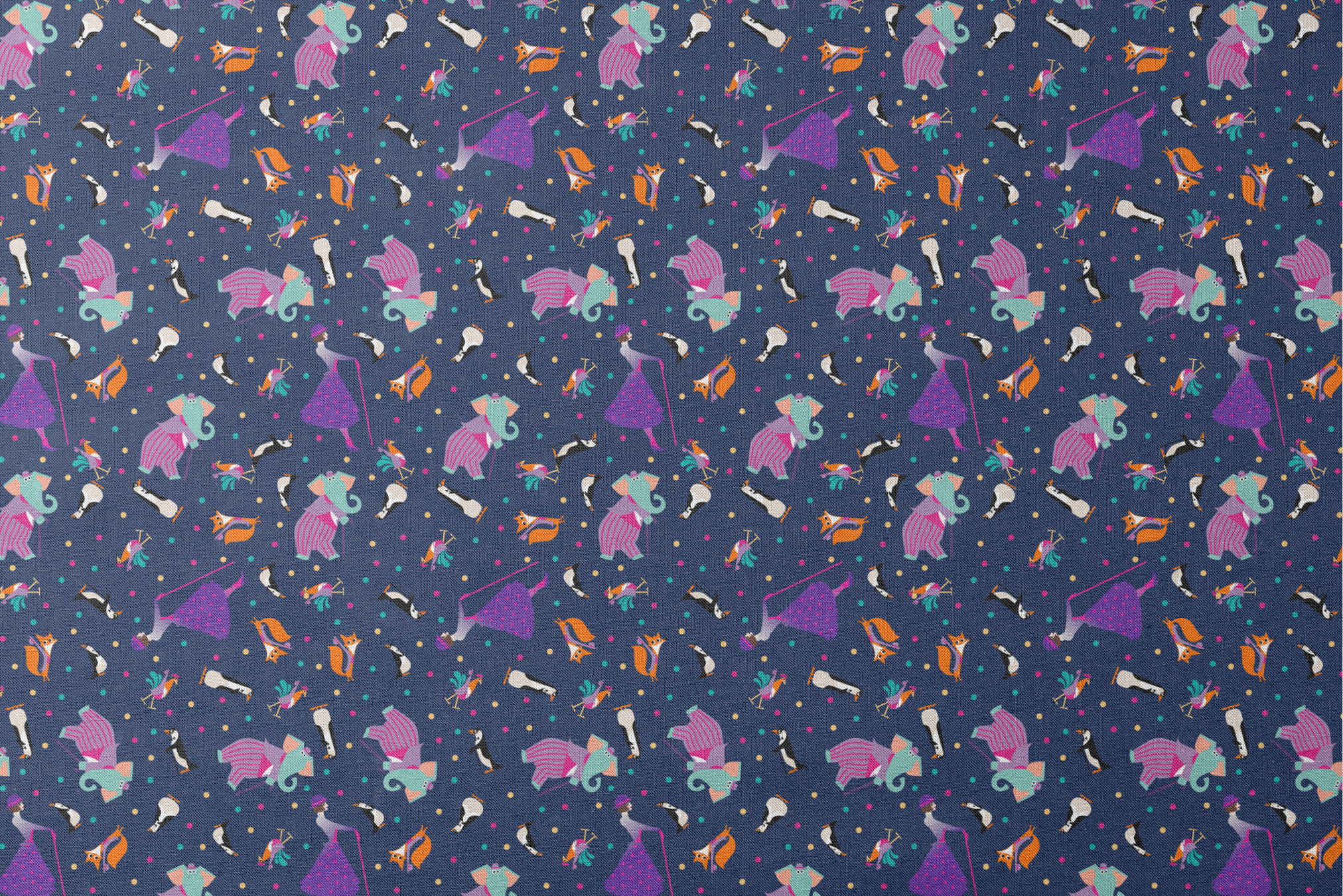 Colorful Mary Poppins pattern of whimsical animals including foxes and birds on a dark blue background with polka dots designs flat mockup
