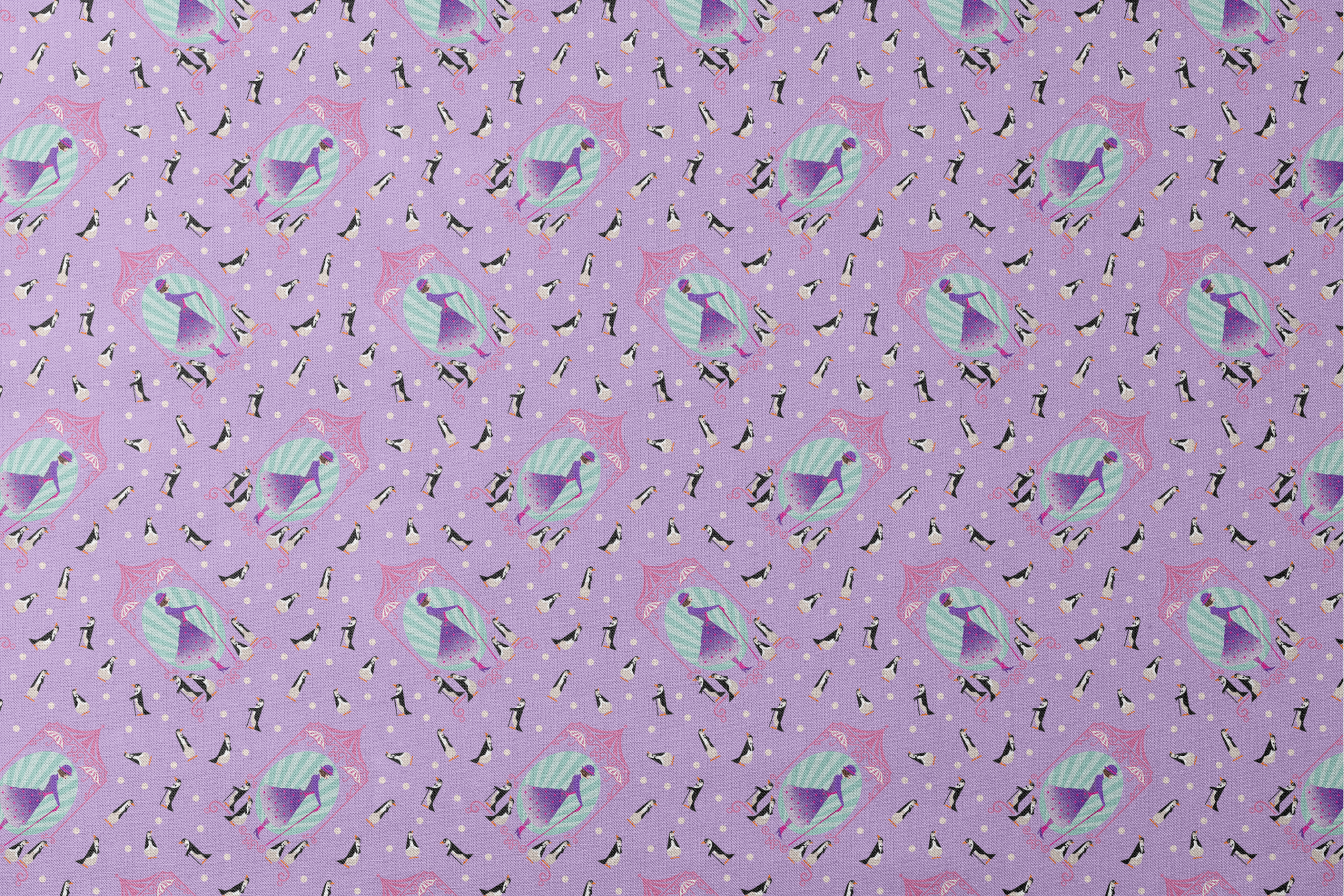 Playful pattern of penguins, Mary Poppins, and purple umbrellas on lavender background with white polka dots designs flat mockup