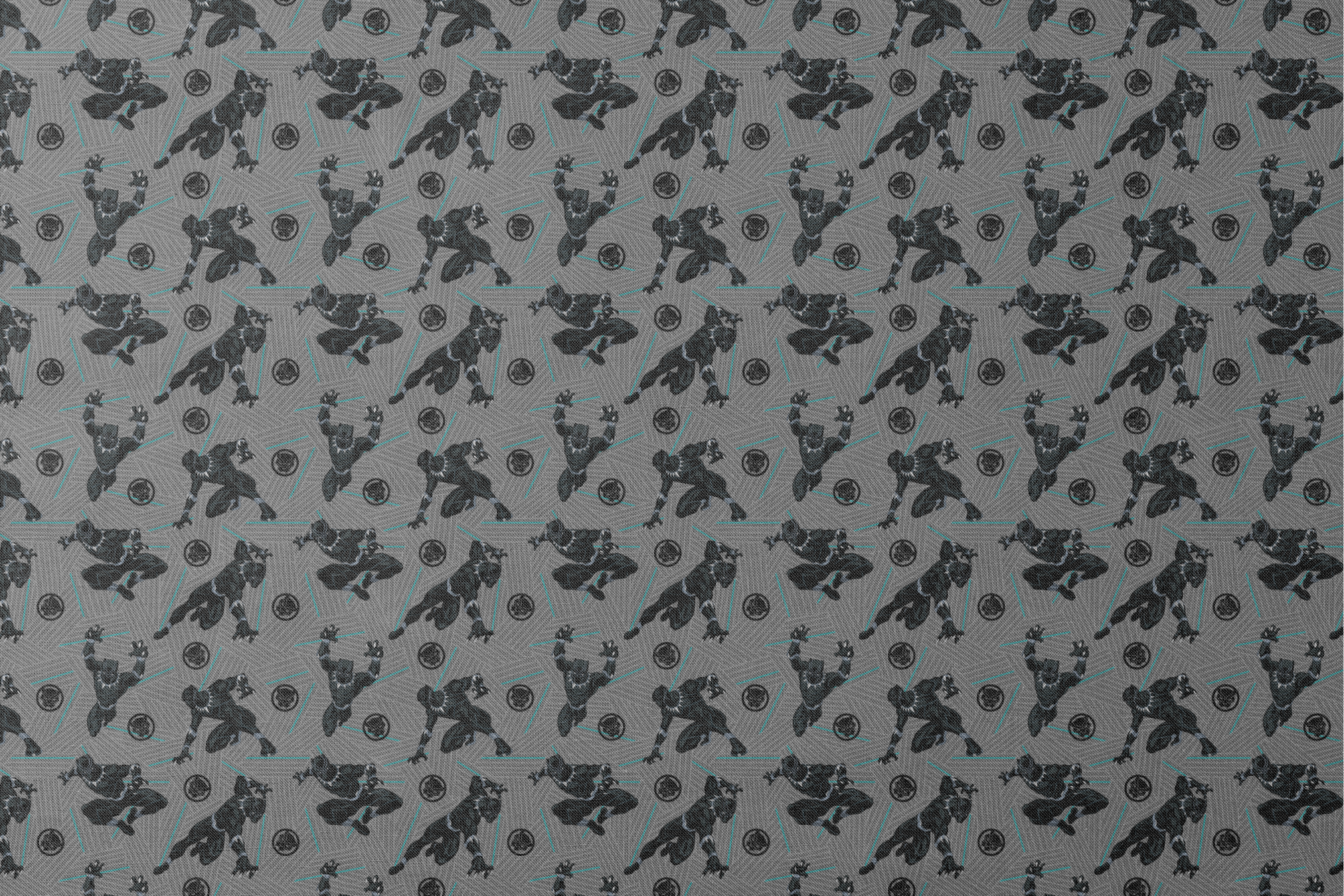 Black superhero figure in dynamic poses against gray geometric background with teal accents and circular emblems designs flat mockup