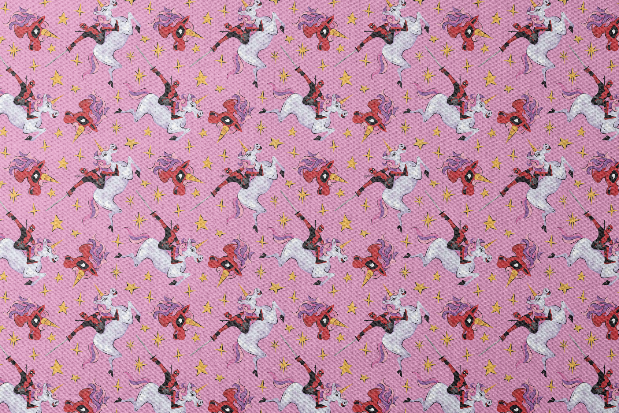 Cartoon character in red riding white unicorns with purple manes against pink starry background designs flat mockup